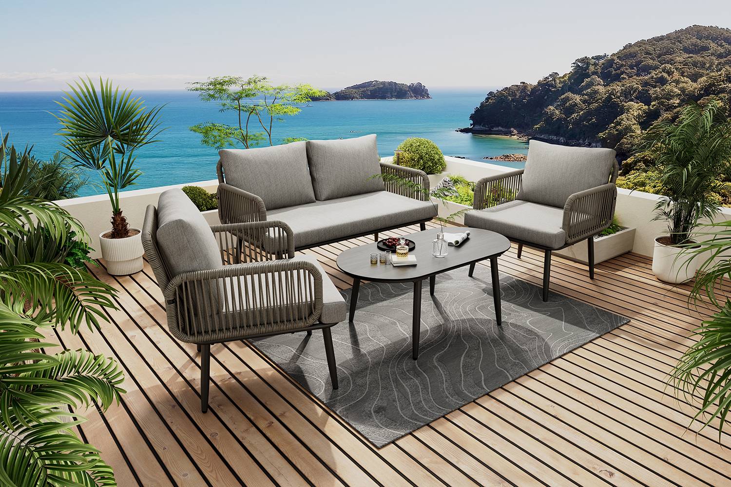 Set de mobilier de jardin 2 places avec canapé, 2 fauteuils et table Acier Gris - PANGIVO - Image 9