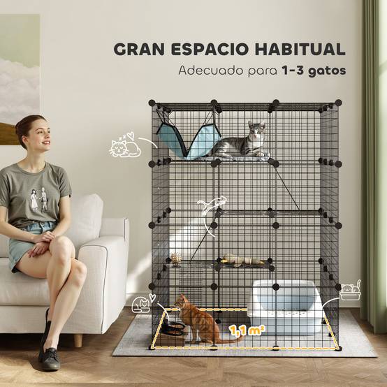 Grande cage d'intérieur à 4 niveaux pour chat, avec 5 portes, 3 plateformes de saut, 3 rampes et un hamac, 105 x 105 x 140 cm, noire - Image 6