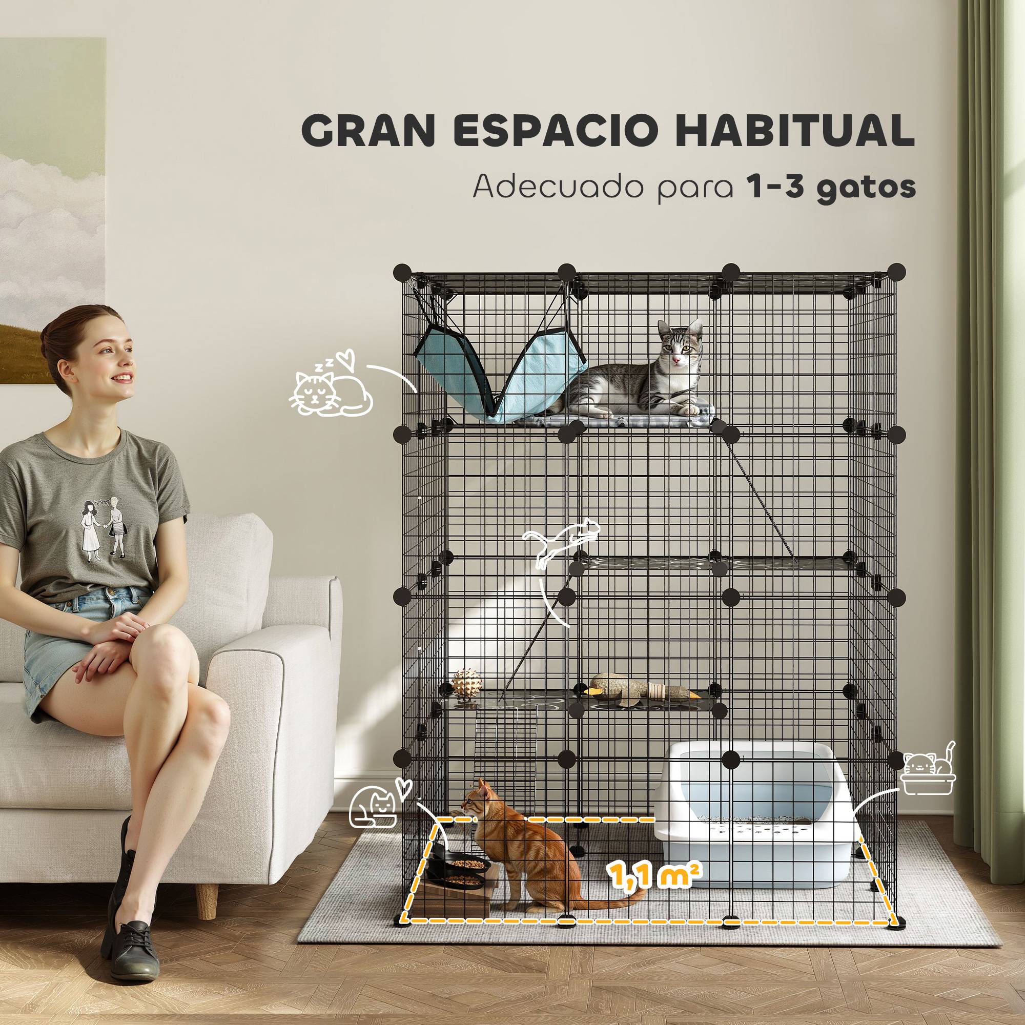 Grande cage d'intérieur à 4 niveaux pour chat, avec 5 portes, 3 plateformes de saut, 3 rampes et un hamac, 105 x 105 x 140 cm, noire - Image 6