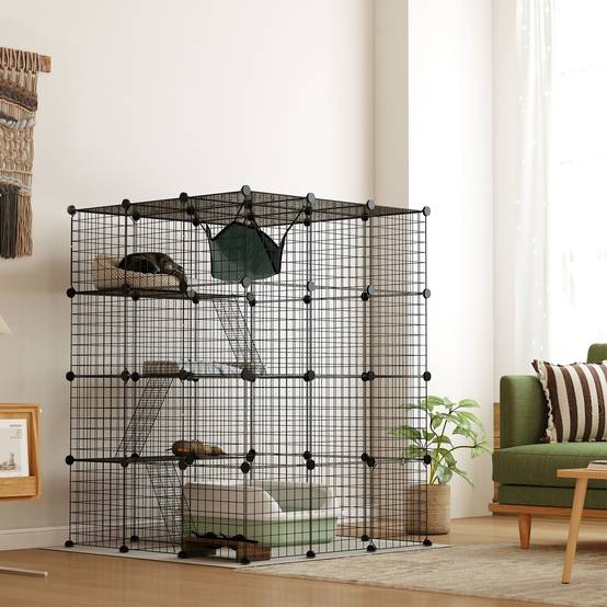 Grande cage d'intérieur à 4 niveaux pour chat, avec 5 portes, 3 plateformes de saut, 3 rampes et un hamac, 105 x 105 x 140 cm, noire - Image 4