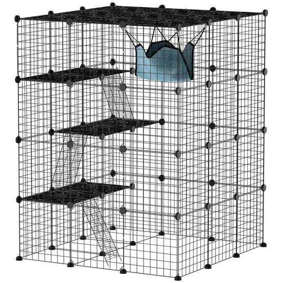 Grande cage d'intérieur à 4 niveaux pour chat, avec 5 portes, 3 plateformes de saut, 3 rampes et un hamac, 105 x 105 x 140 cm, noire - Image 1