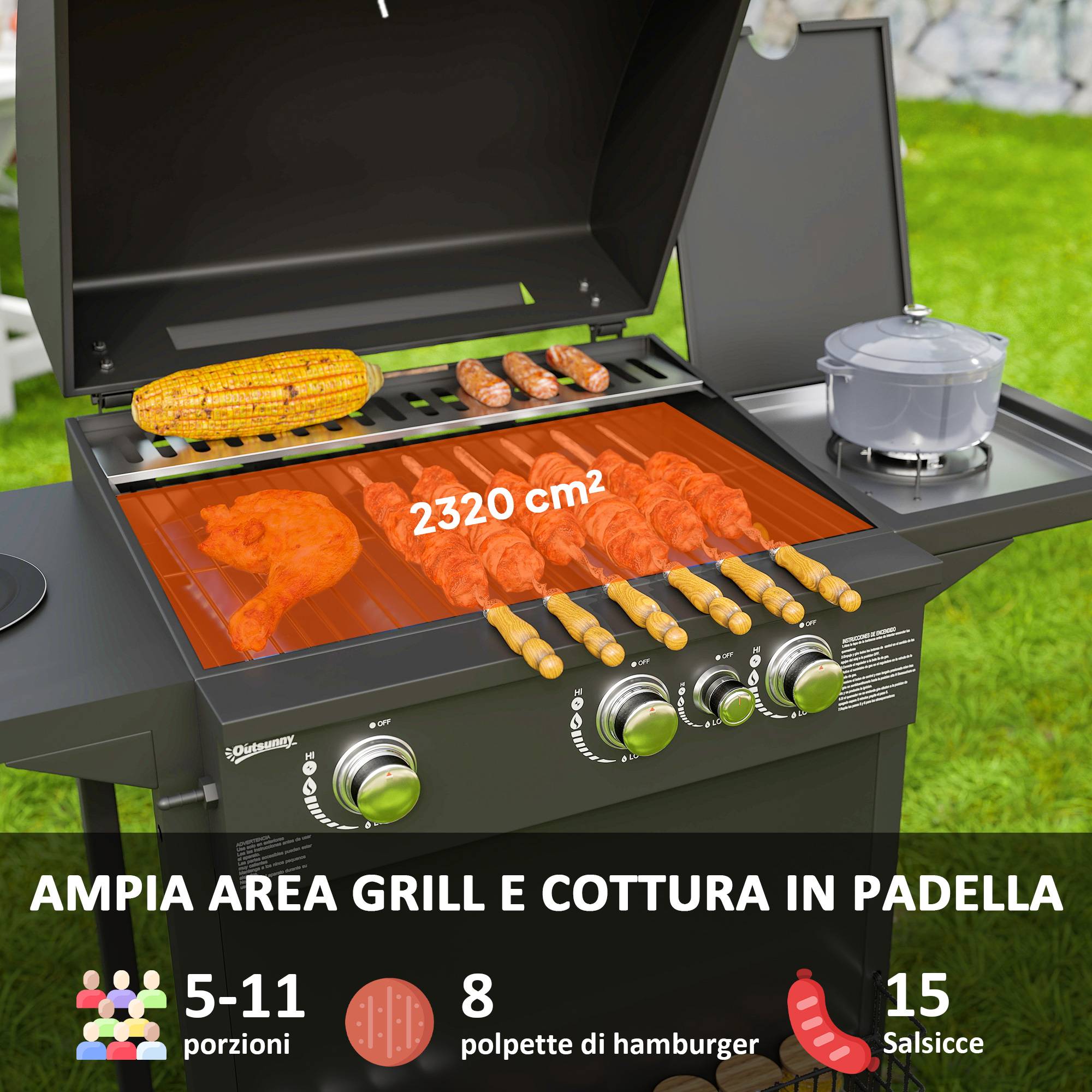 Barbecue à gaz avec brûleurs indépendants, couvercle avec thermomètre et tablette latérale, noir - Image 6