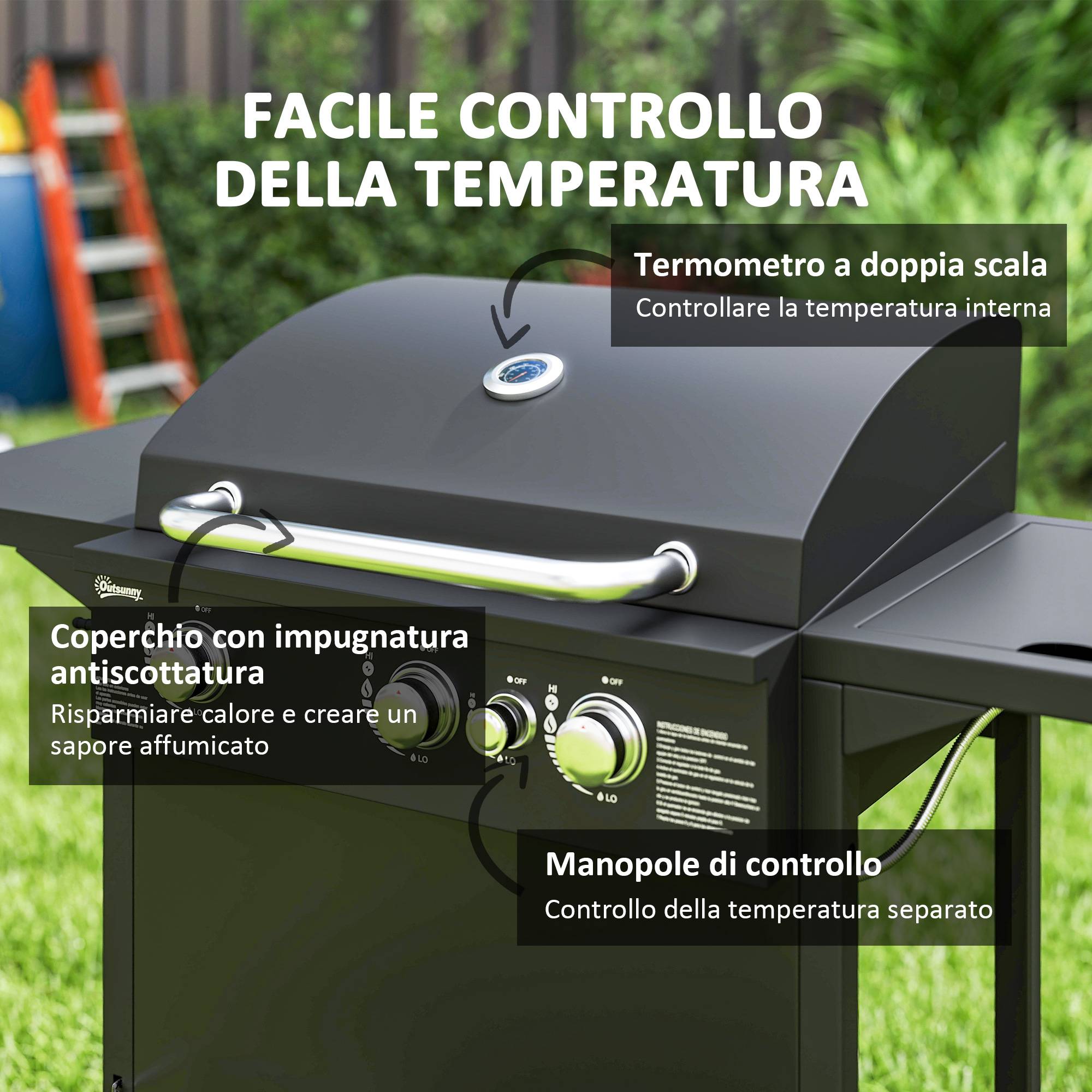 Barbecue à gaz avec brûleurs indépendants, couvercle avec thermomètre et tablette latérale, noir - Image 7