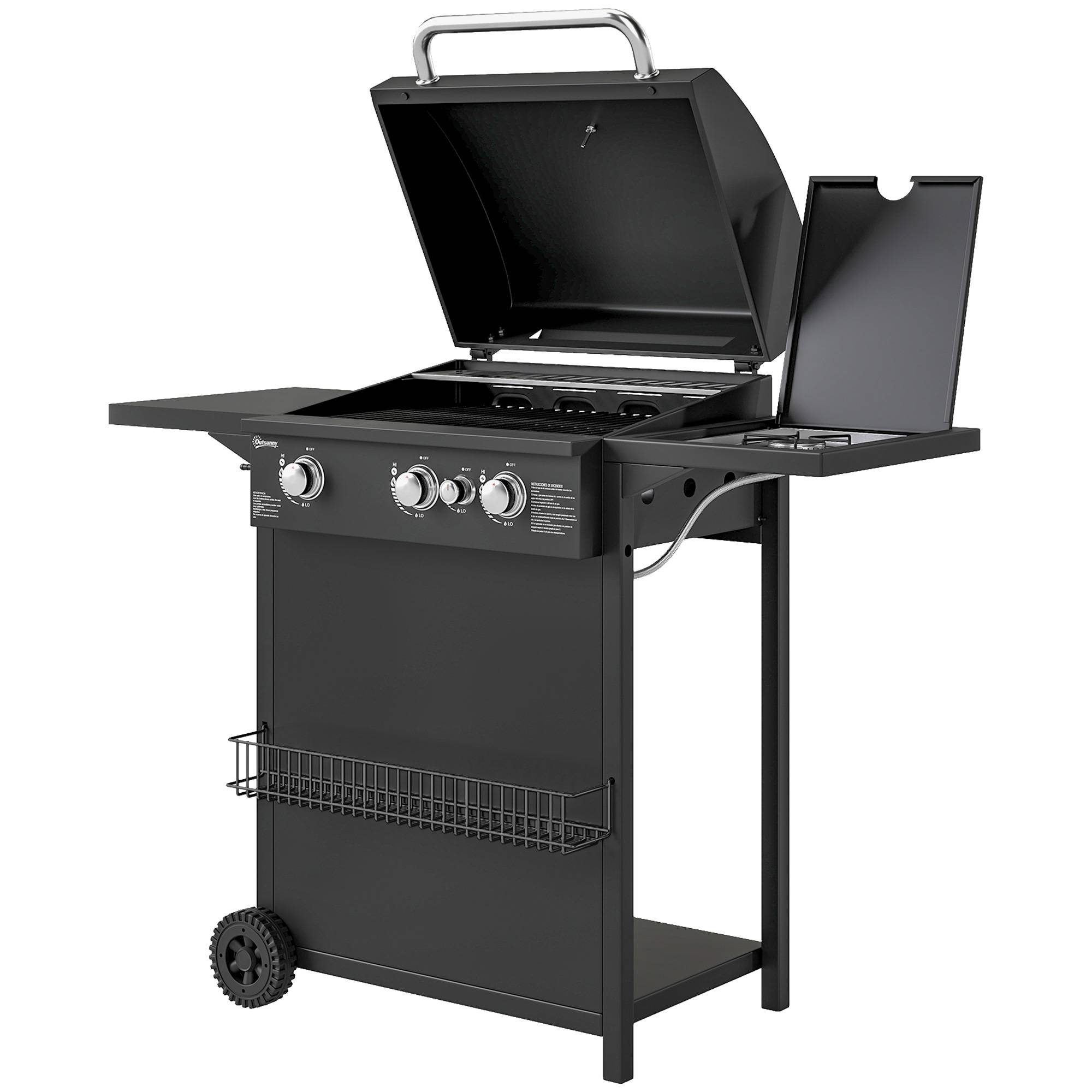 Barbecue à gaz avec brûleurs indépendants, couvercle avec thermomètre et tablette latérale, noir - Image 2