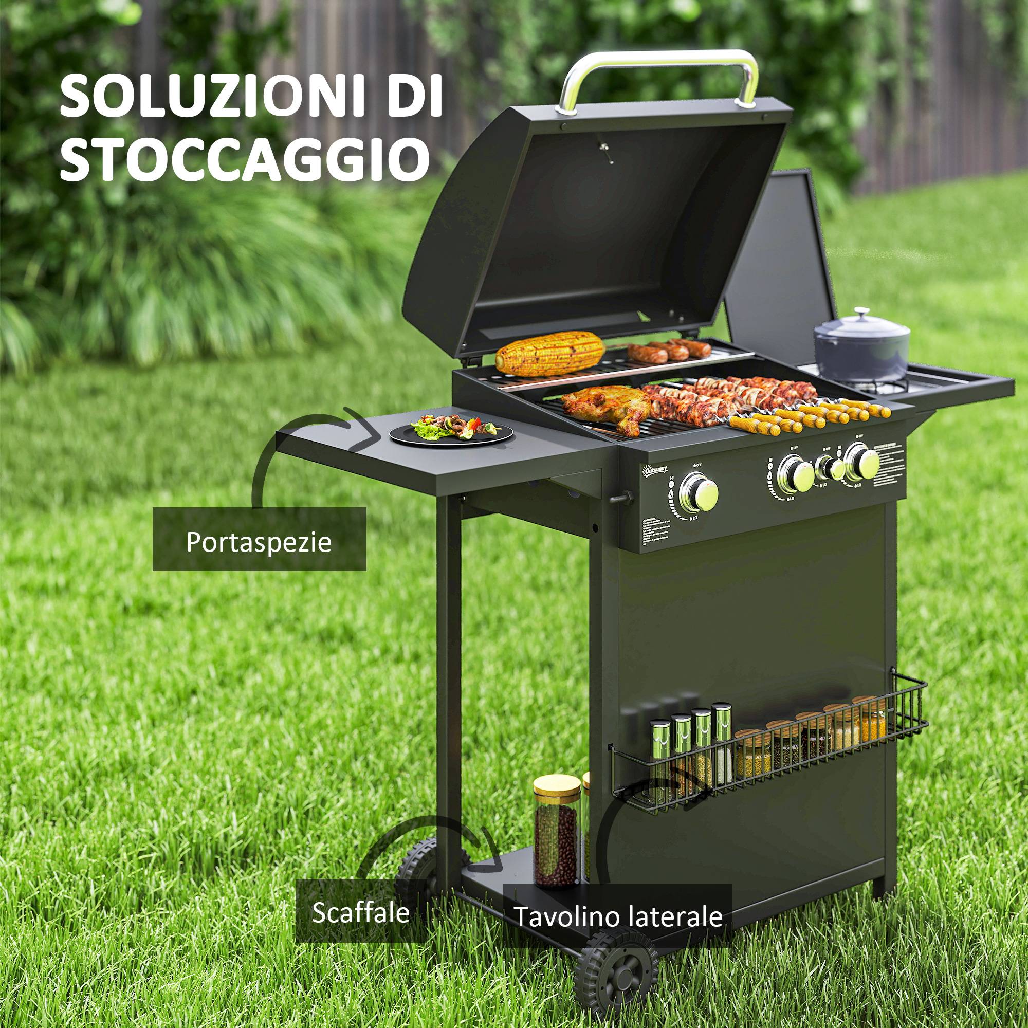Barbecue à gaz avec brûleurs indépendants, couvercle avec thermomètre et tablette latérale, noir - Image 8