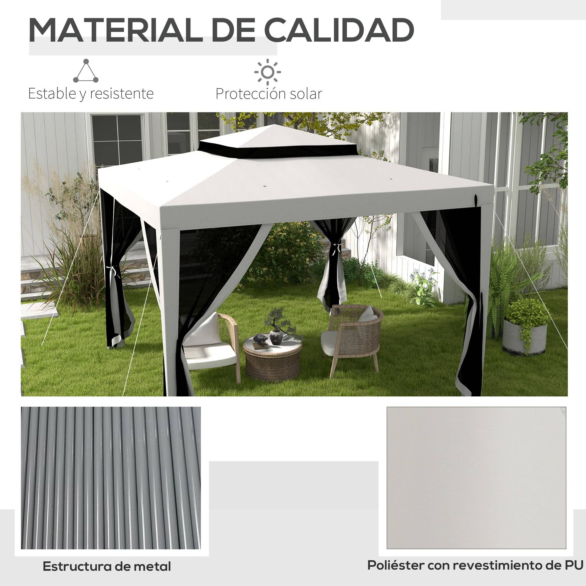 Tonnelle de Jardin 3x3 m Acier avec 4 Moustiquaires et Double Toit Protection UV Gris - ComfortXL Outdoor Living - Image 7
