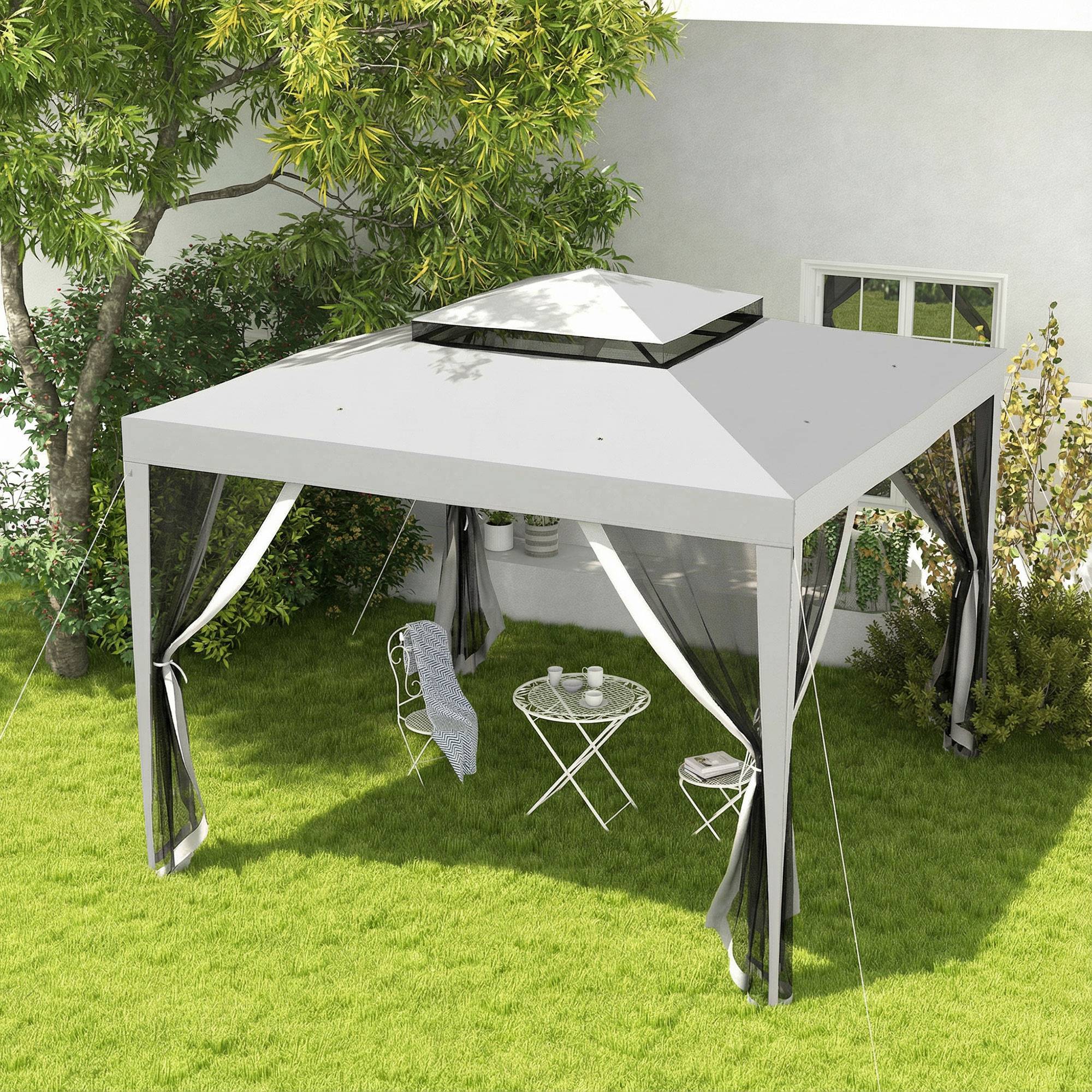 Tonnelle de Jardin 3x3 m Acier avec 4 Moustiquaires et Double Toit Protection UV Gris - ComfortXL Outdoor Living - Image 4