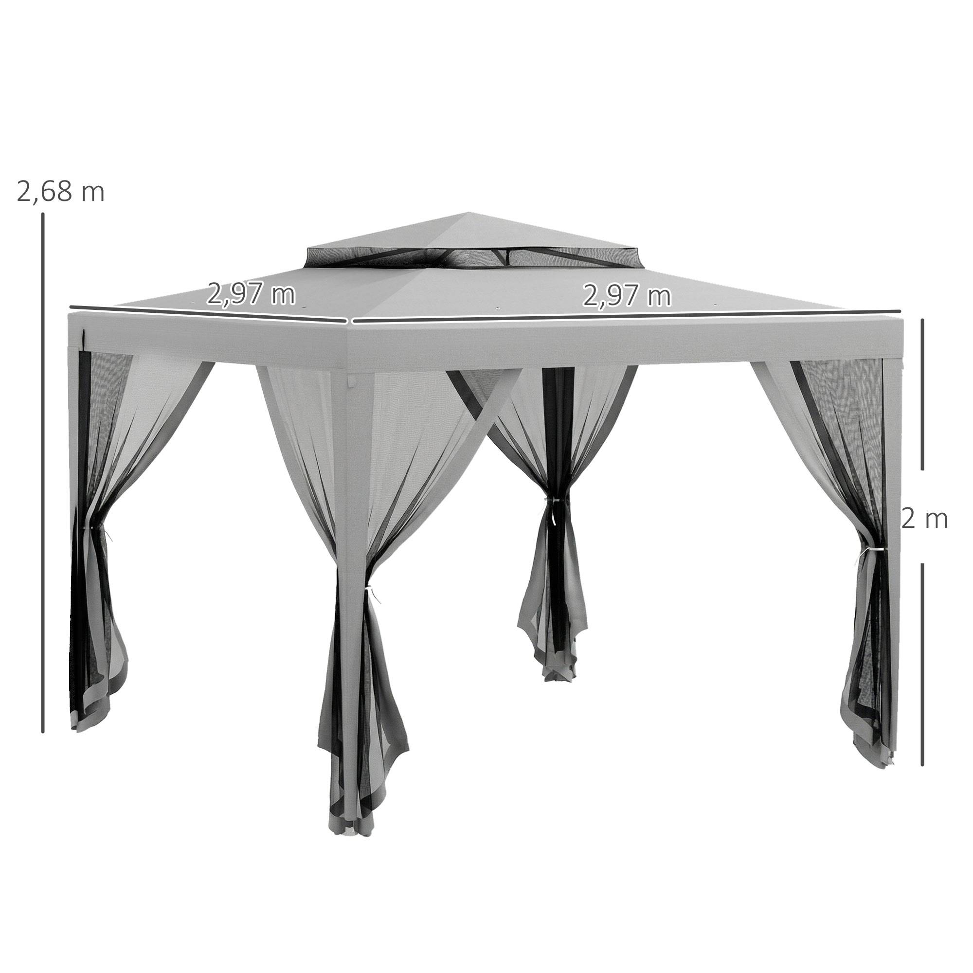 Tonnelle de Jardin 3x3 m Acier avec 4 Moustiquaires et Double Toit Protection UV Gris - ComfortXL Outdoor Living - Image 5