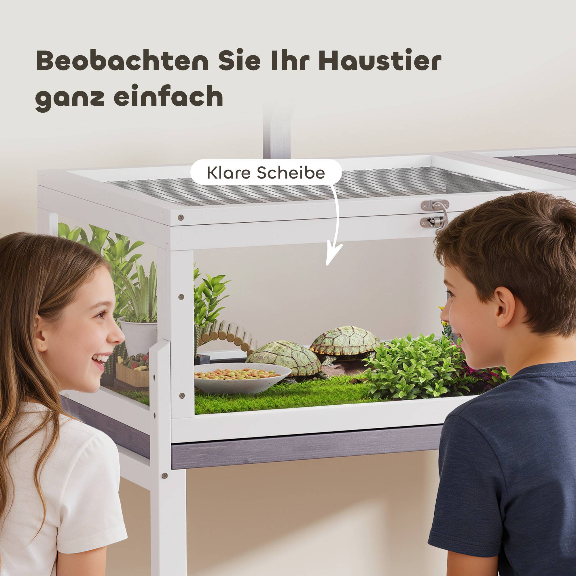 Maison tortue bois 104×53×82cm blanc+gris, logement principal, fenêtre visuelle, couvercle - Image 8