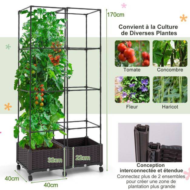 Helloshop26 - Potager surélevé vertical de 170 cm avec bac et treillis jardinière avec système d'auto-irrigation hauteur ajustable bac à tomates sur roues - Image 4