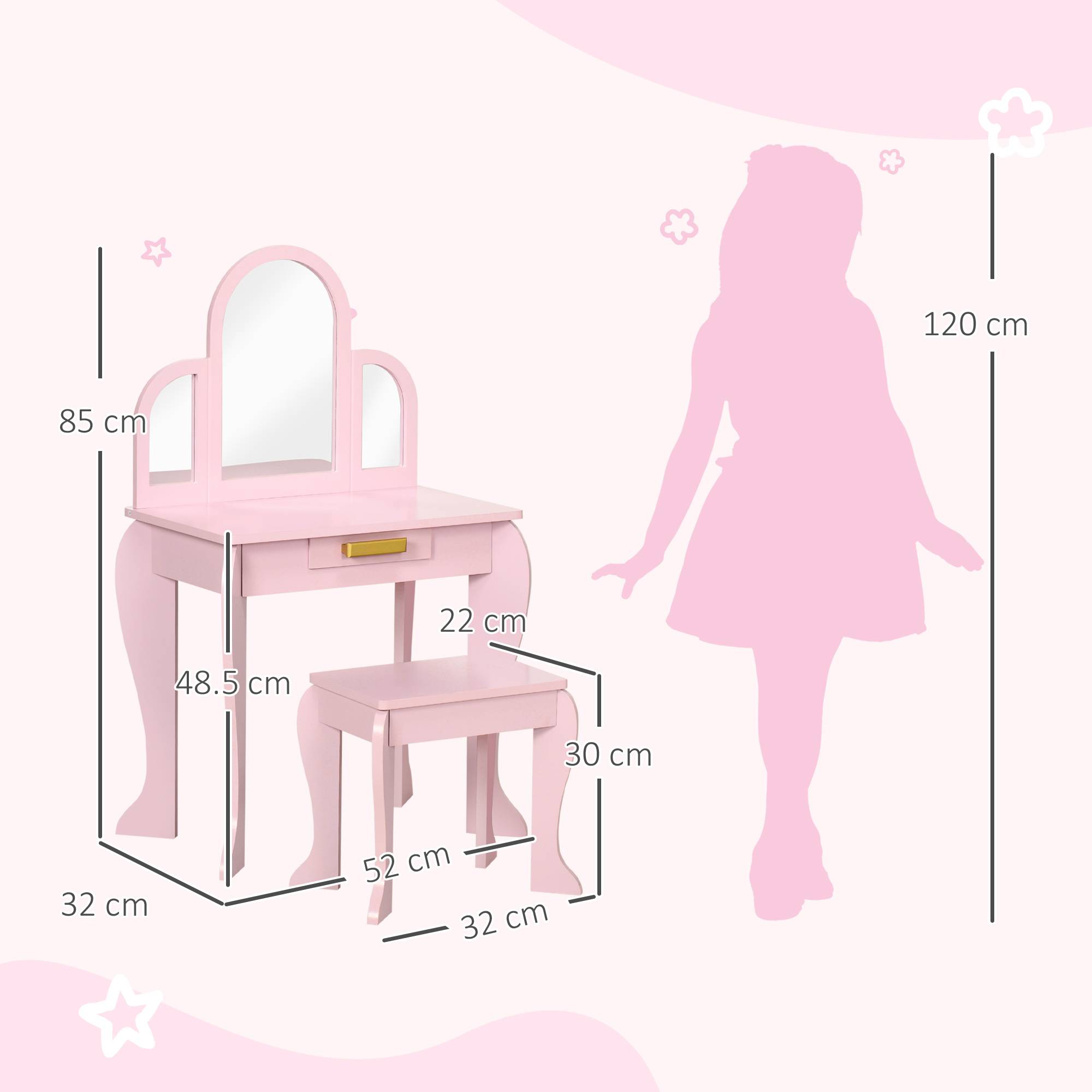 Sans Marque - Coiffeuse rose en acrylique pour filles de 3 à 6 ans avec tabouret, tiroirs et miroir assorti - Image 5