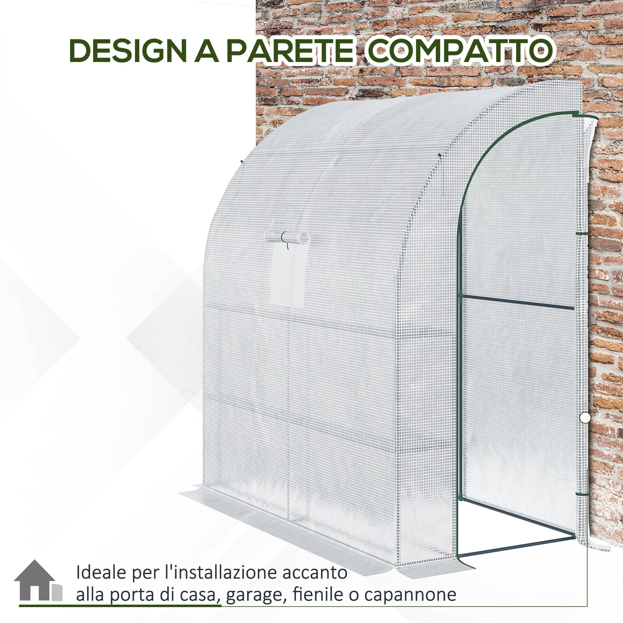Sans Marque - Serre adossée 200x100x215 cm 3 niveaux acier PE portes fenêtres enroulables serre verticale culture plantes légumes fleurs verte blanche - Image 7