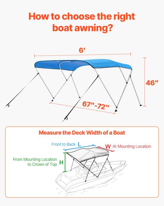 VEVOR Bimini bateau taud de soleil 3 arceaux 170-182 cm polyester Bleu Pacifique - Image 5