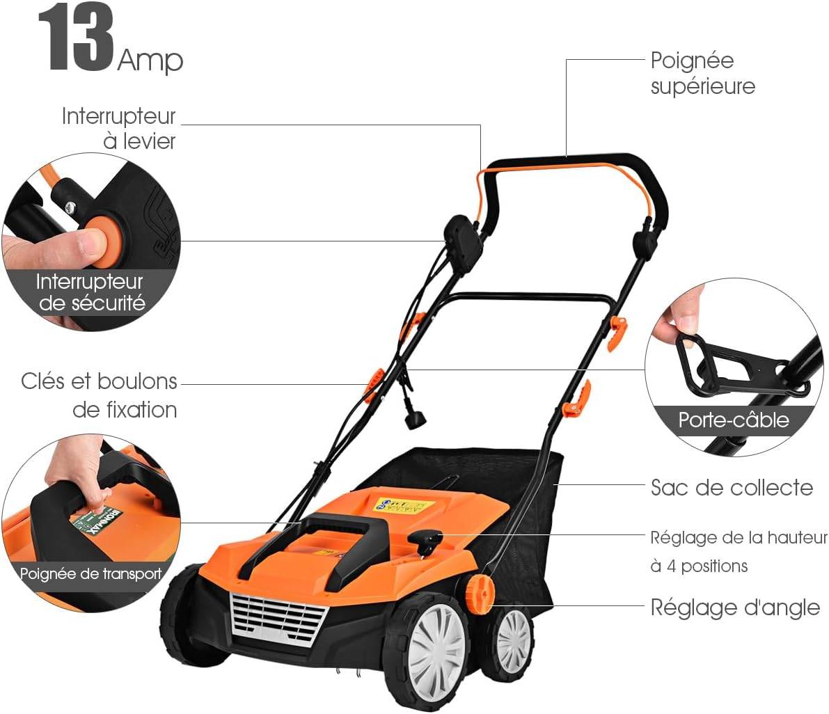 Scarificateur de Pelouse Électrique de 13A,Scarificateur et Aérateur Filaire avec 2 Lames (Orange) - Image 3
