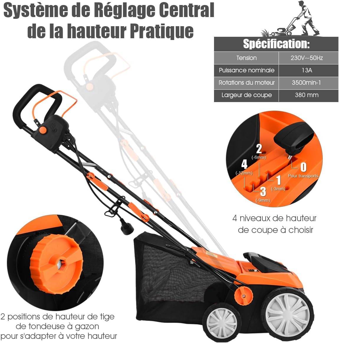 Scarificateur de Pelouse Électrique de 13A,Scarificateur et Aérateur Filaire avec 2 Lames (Orange) - Image 5