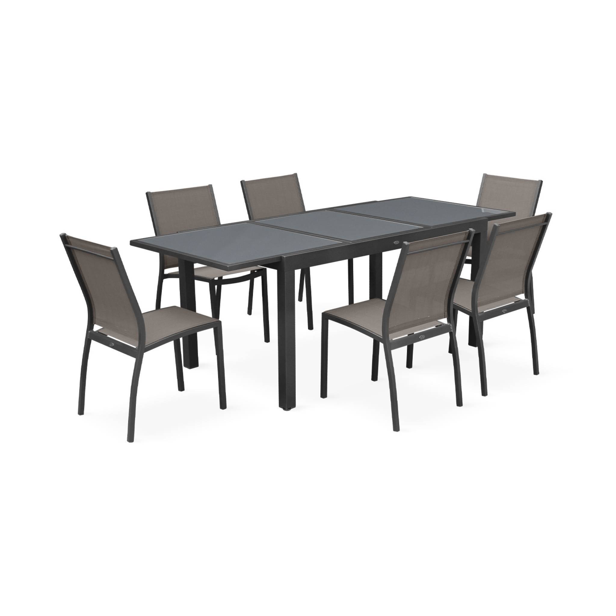 Table de jardin extensible aluminium + 6 assises - Orlando Gris taupe - Table en aluminium 150/210cm. plateau de verre. rallonge et 6 chaises | sweeek - Image 2