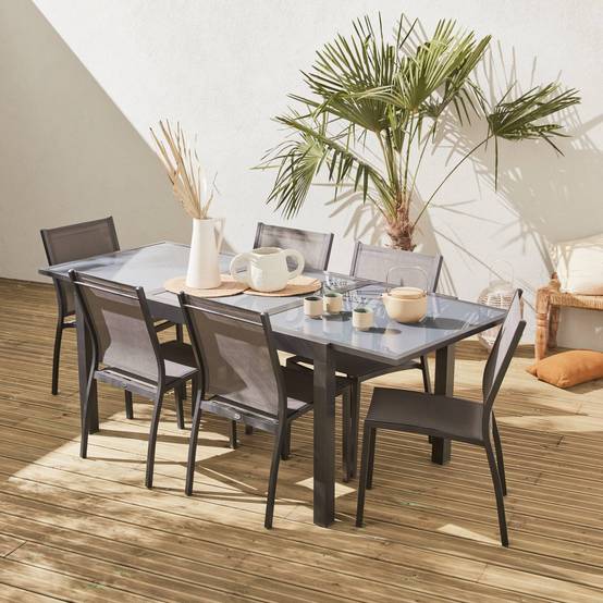Table de jardin extensible aluminium + 6 assises - Orlando Gris taupe - Table en aluminium 150/210cm. plateau de verre. rallonge et 6 chaises | sweeek - Image 7