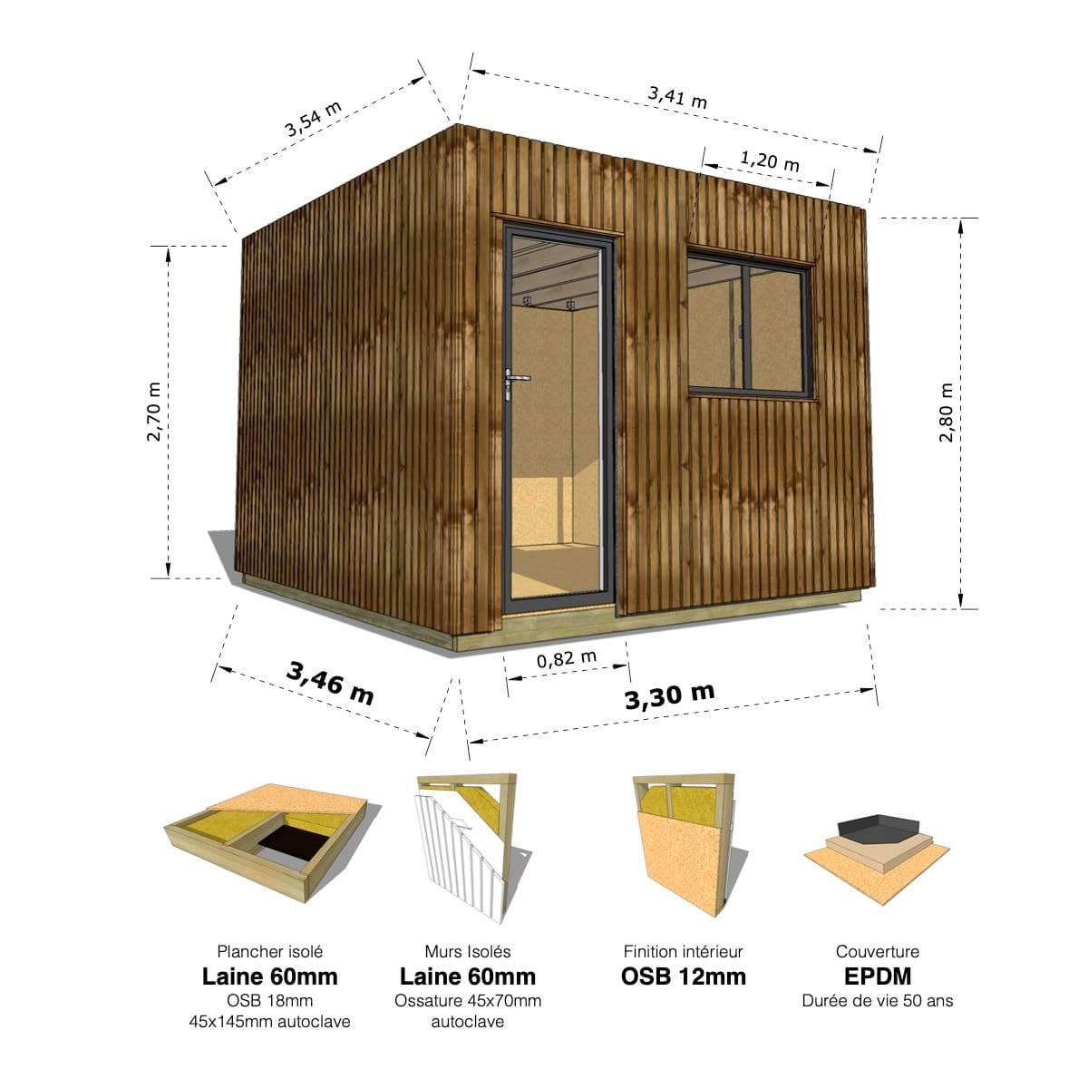 Sans Marque - STUDIO DE JARDIN / 11,8 m2 - 3,35 x 3,52m / Plancher isolé / Bardage Brun / Intérieur OSB / Livraison Gratuite / Studio Français - Image 1