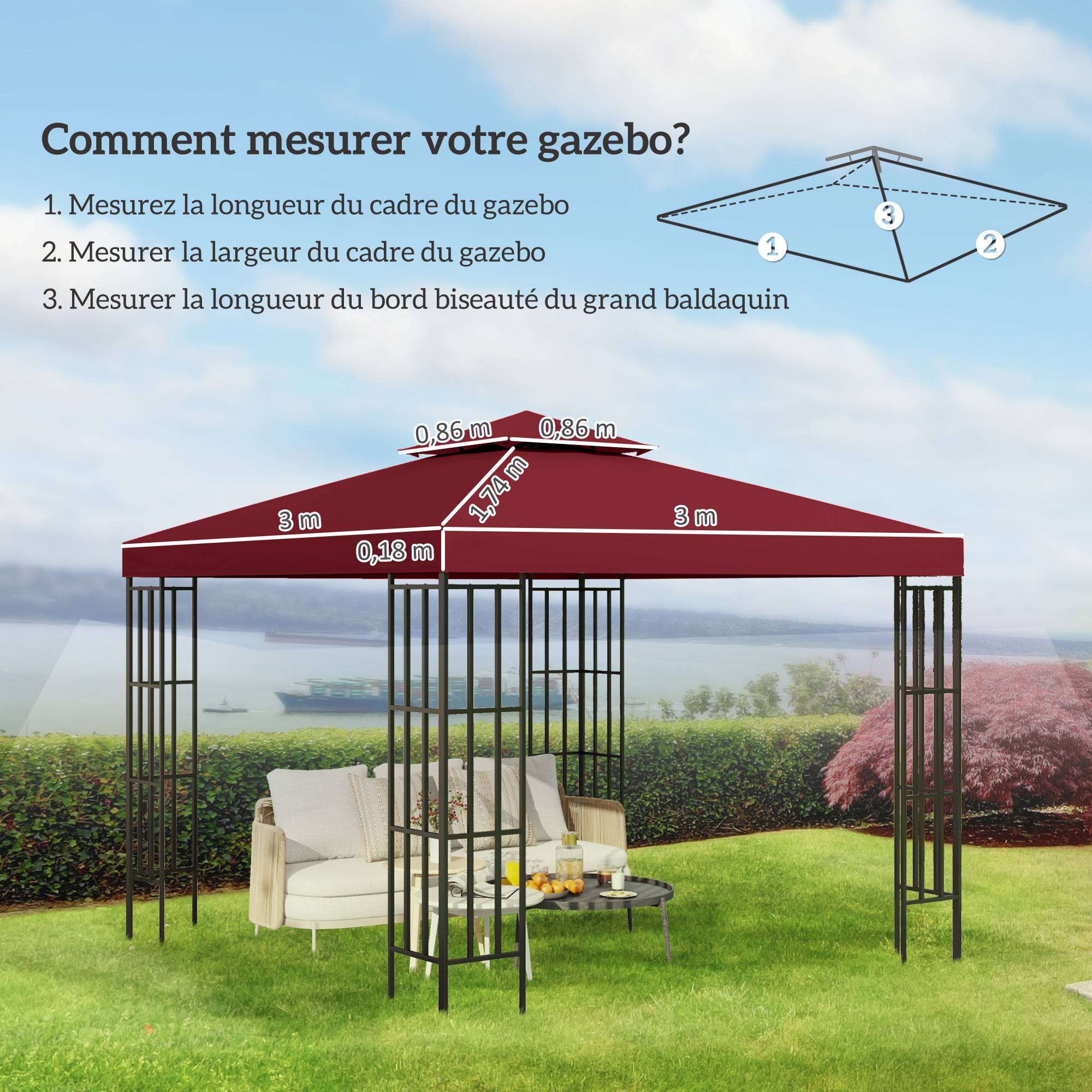 Toit de Remplacement pour pavillon de Jardin Toile de Rechange pour pavillon tonnelle Tente 3 x 3 m Rouge vineux - Image 5