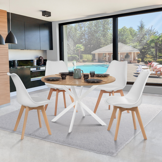 Table à manger ronde ALIX 6 personnes pied araignée bois et blanc 110 cm - Image 1