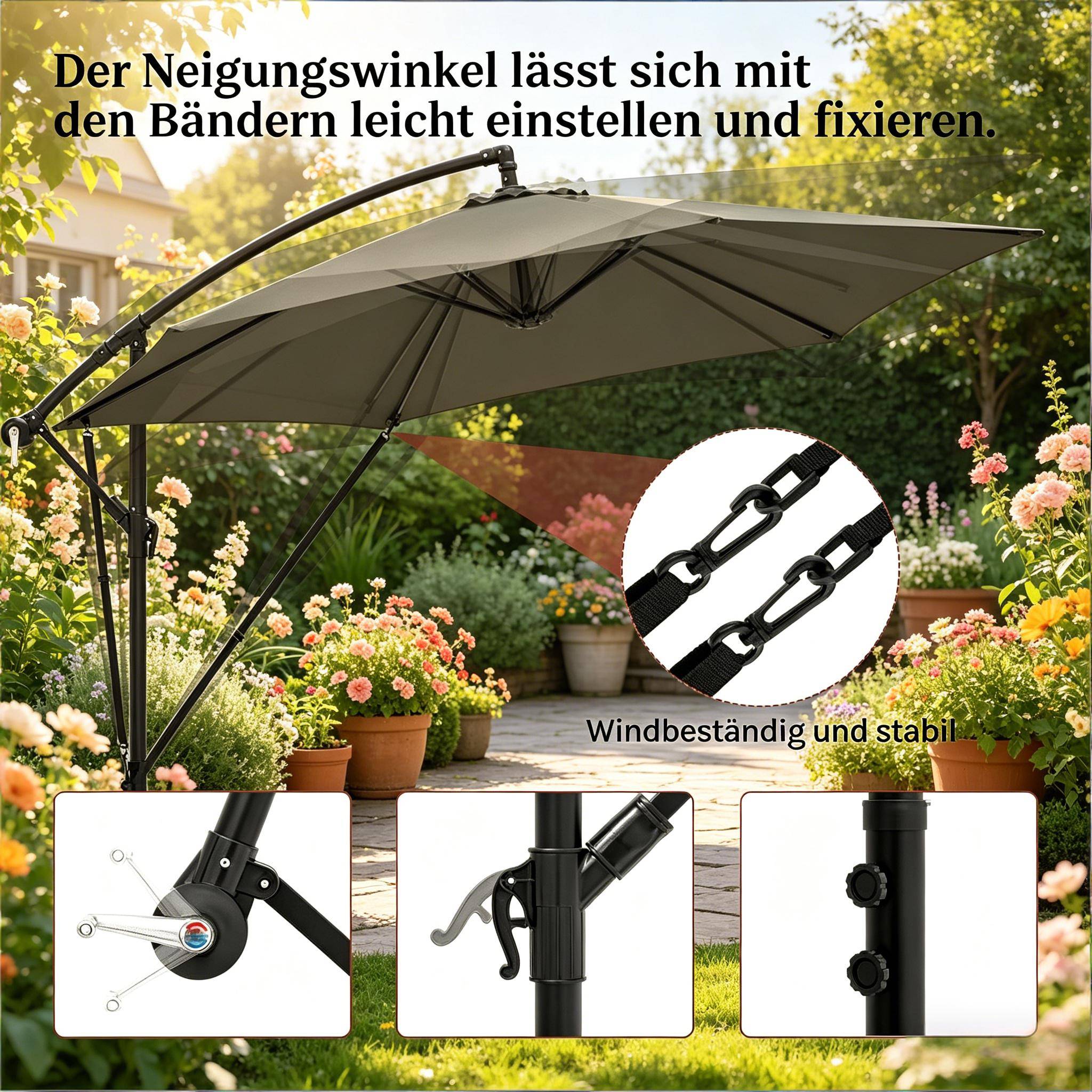 Parasol Déporté 3x3m Mât Métal pour Jardin Terrasse Inclinable Rotatif Anti-UV Gris Foncé - ComfortXL Outdoor Living - Image 4