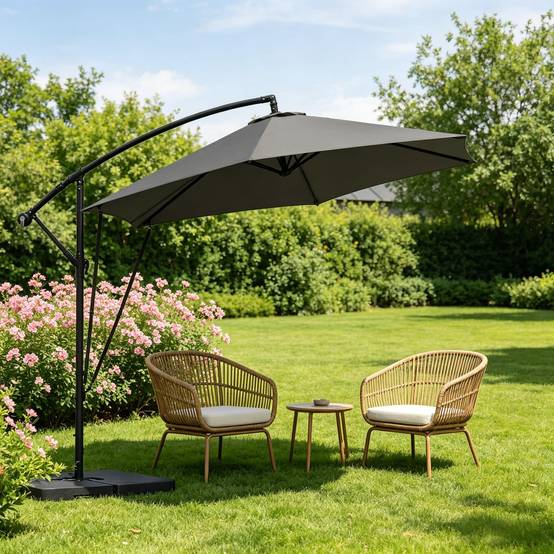 Parasol Déporté 3x3m Mât Métal pour Jardin Terrasse Inclinable Rotatif Anti-UV Gris Foncé - ComfortXL Outdoor Living - Image 1