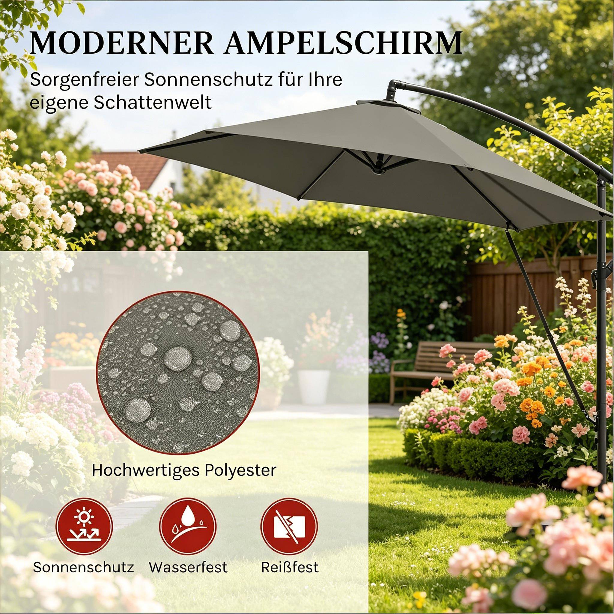 Parasol Déporté 3x3m Mât Métal pour Jardin Terrasse Inclinable Rotatif Anti-UV Gris Foncé - ComfortXL Outdoor Living - Image 3