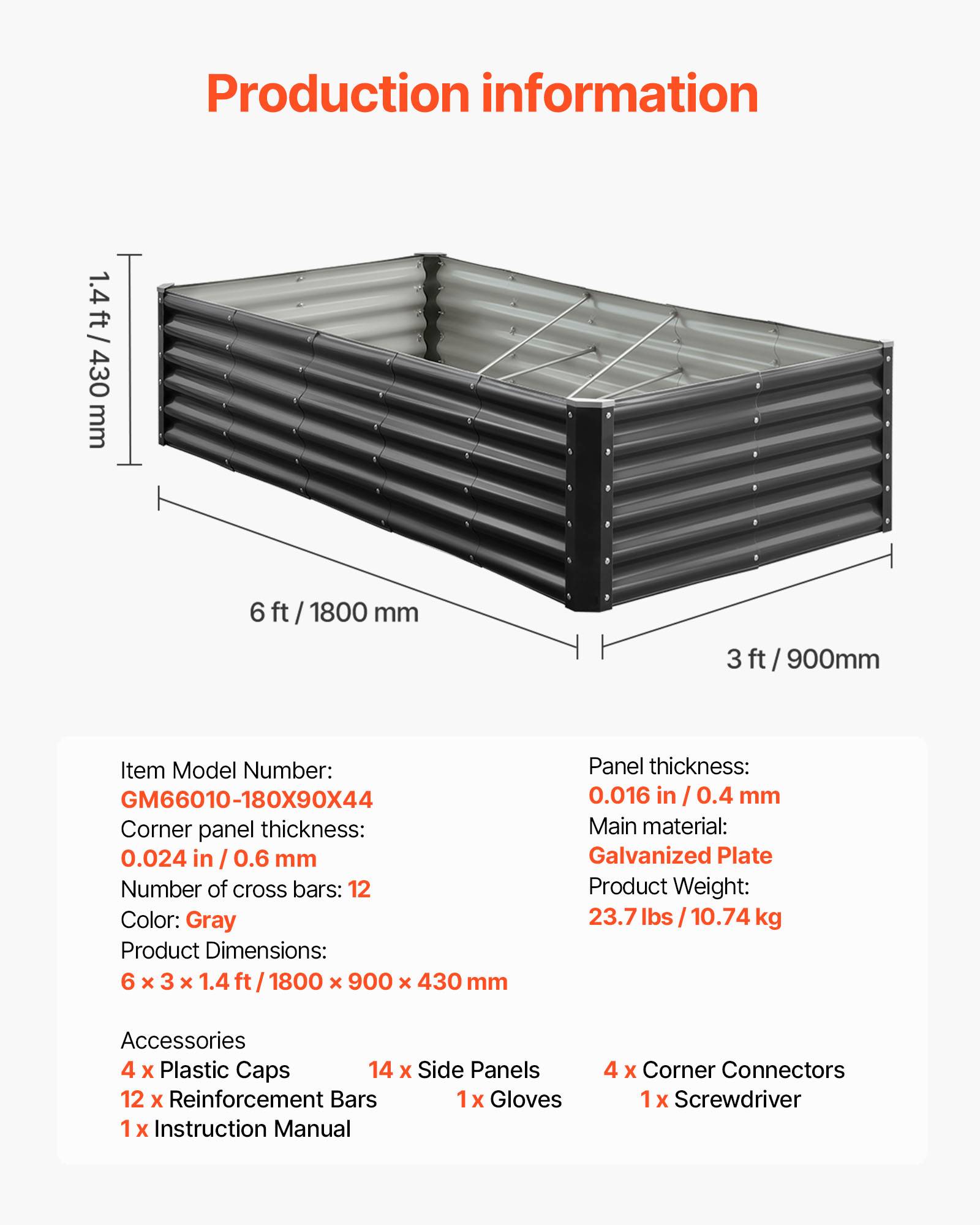 Vevor - VEVOR Carré Potager Surélevé Métal Galvanisé Lit Jardin 180x90x43 cm Gris Foncé - Image 7