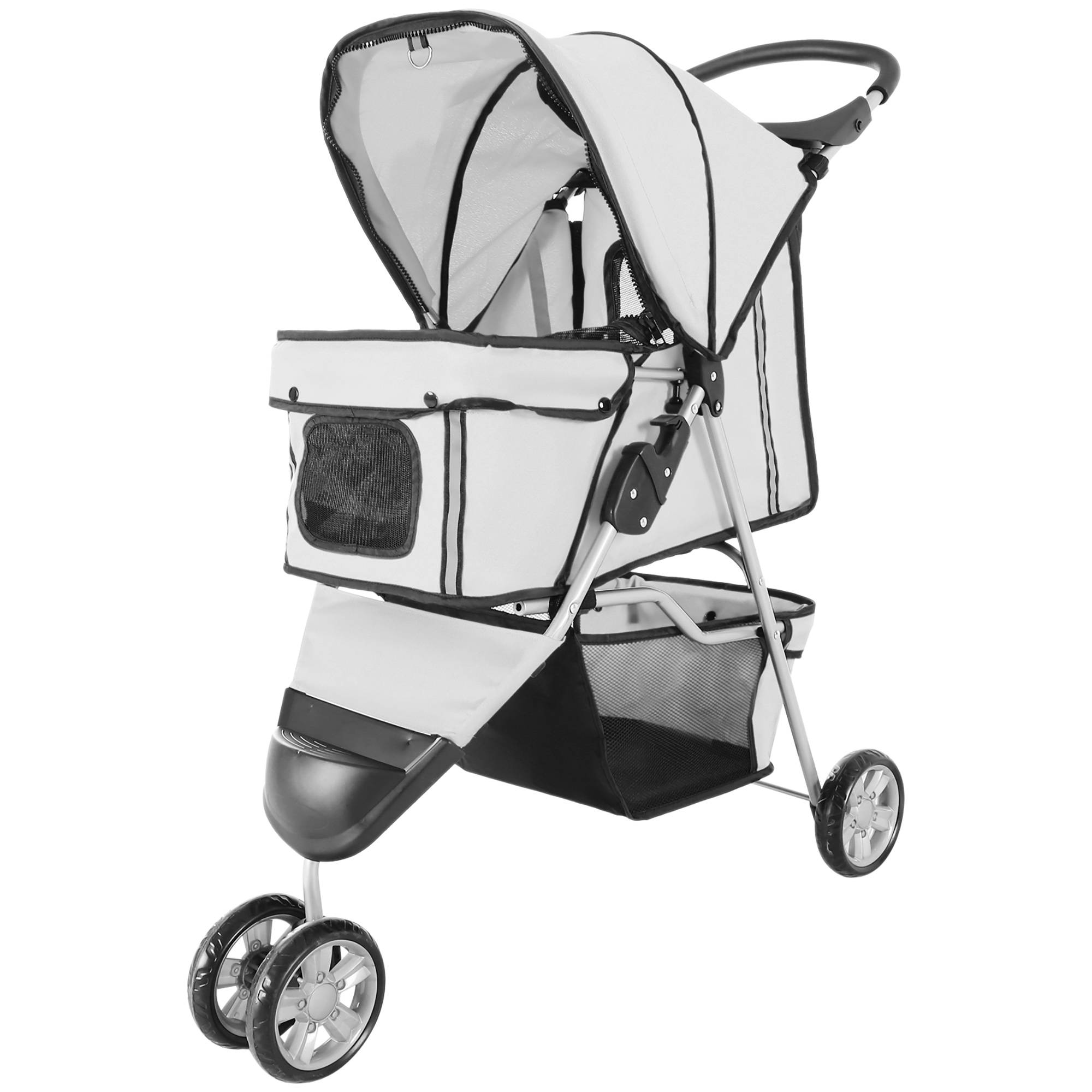 Poussette pliable animaux, porte-gobelet, panier, roues frein, Oxford acier, 75x45x97 cm, gris. - Image 2