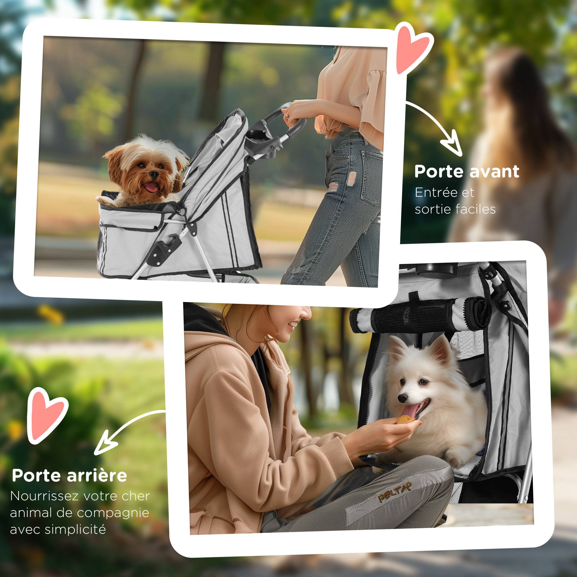 Poussette pliable animaux, porte-gobelet, panier, roues frein, Oxford acier, 75x45x97 cm, gris. - Image 9