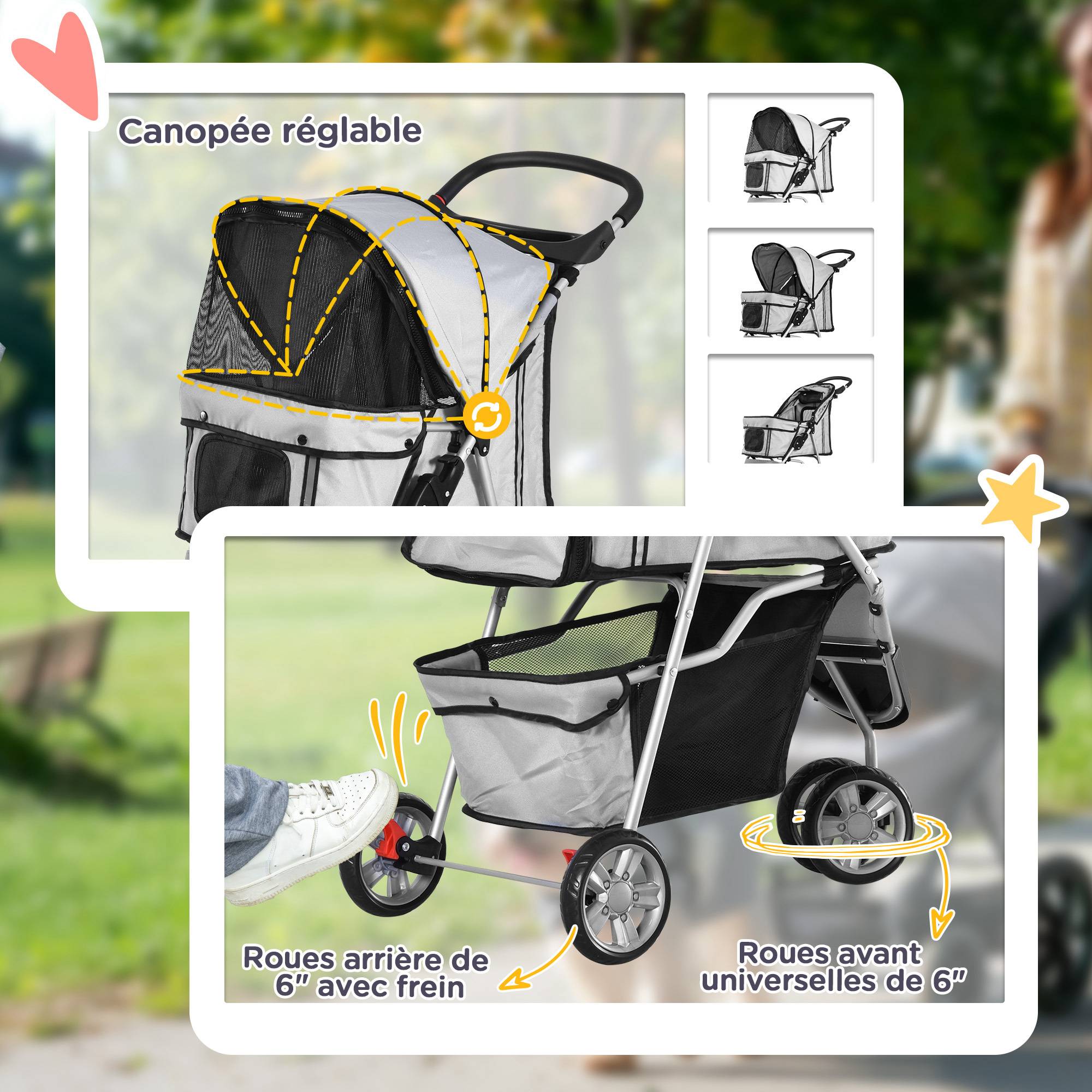 Poussette pliable animaux, porte-gobelet, panier, roues frein, Oxford acier, 75x45x97 cm, gris. - Image 8