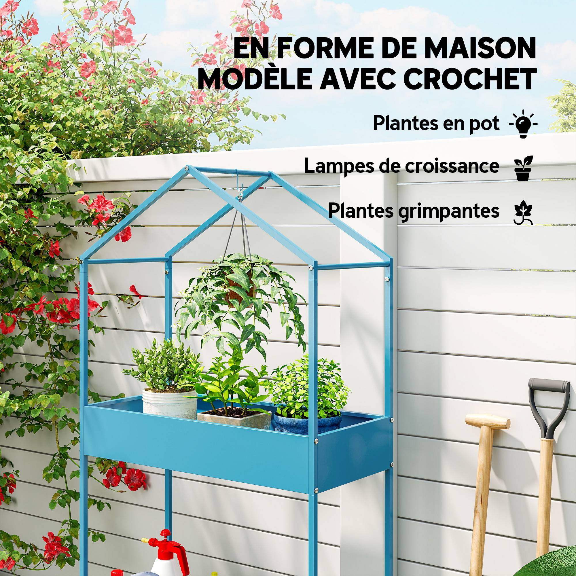 Sans Marque - Étagère à Plantes 2 Niveaux, Support de Plantes en Métal avec Crochet, Porte-Pots en Forme de Maison, Bleu-Vert - Image 6