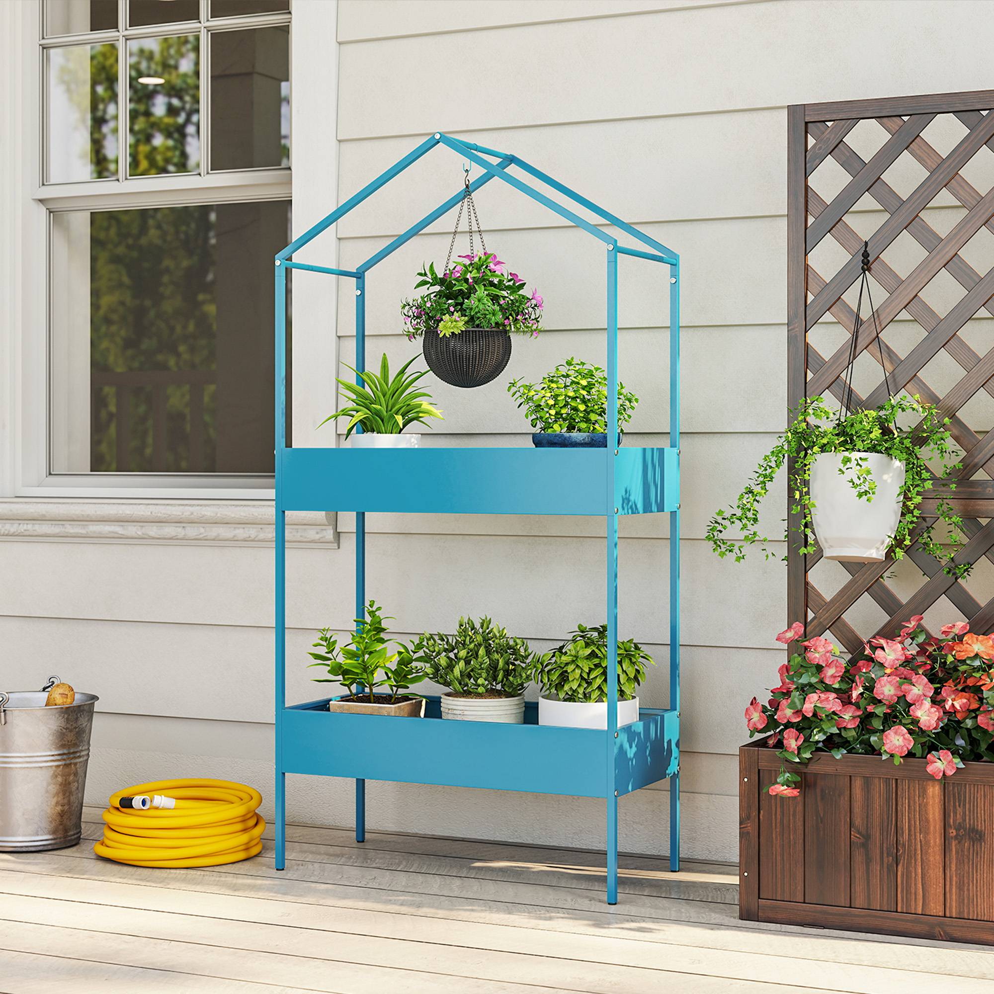 Sans Marque - Étagère à Plantes 2 Niveaux, Support de Plantes en Métal avec Crochet, Porte-Pots en Forme de Maison, Bleu-Vert - Image 4