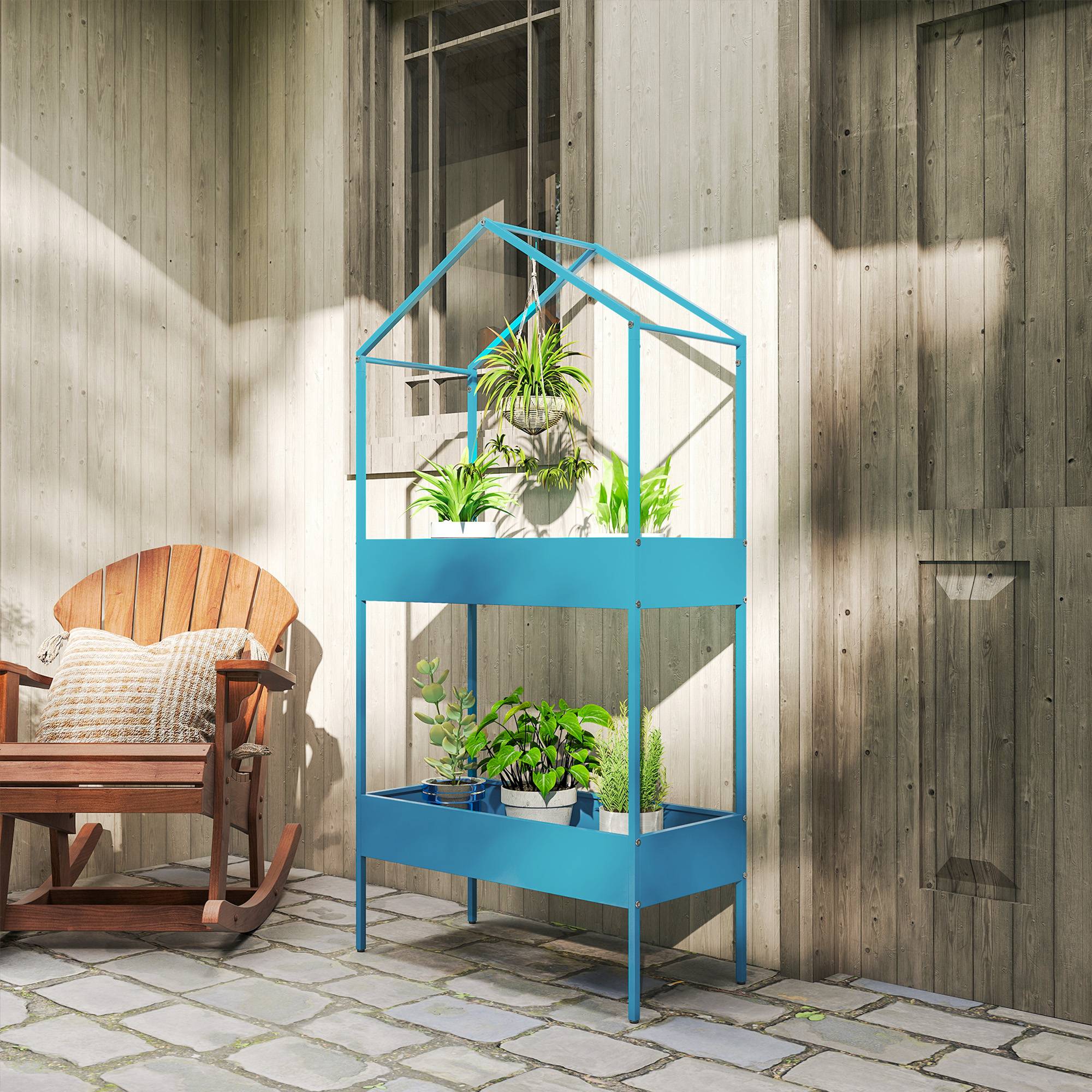 Sans Marque - Étagère à Plantes 2 Niveaux, Support de Plantes en Métal avec Crochet, Porte-Pots en Forme de Maison, Bleu-Vert - Image 3