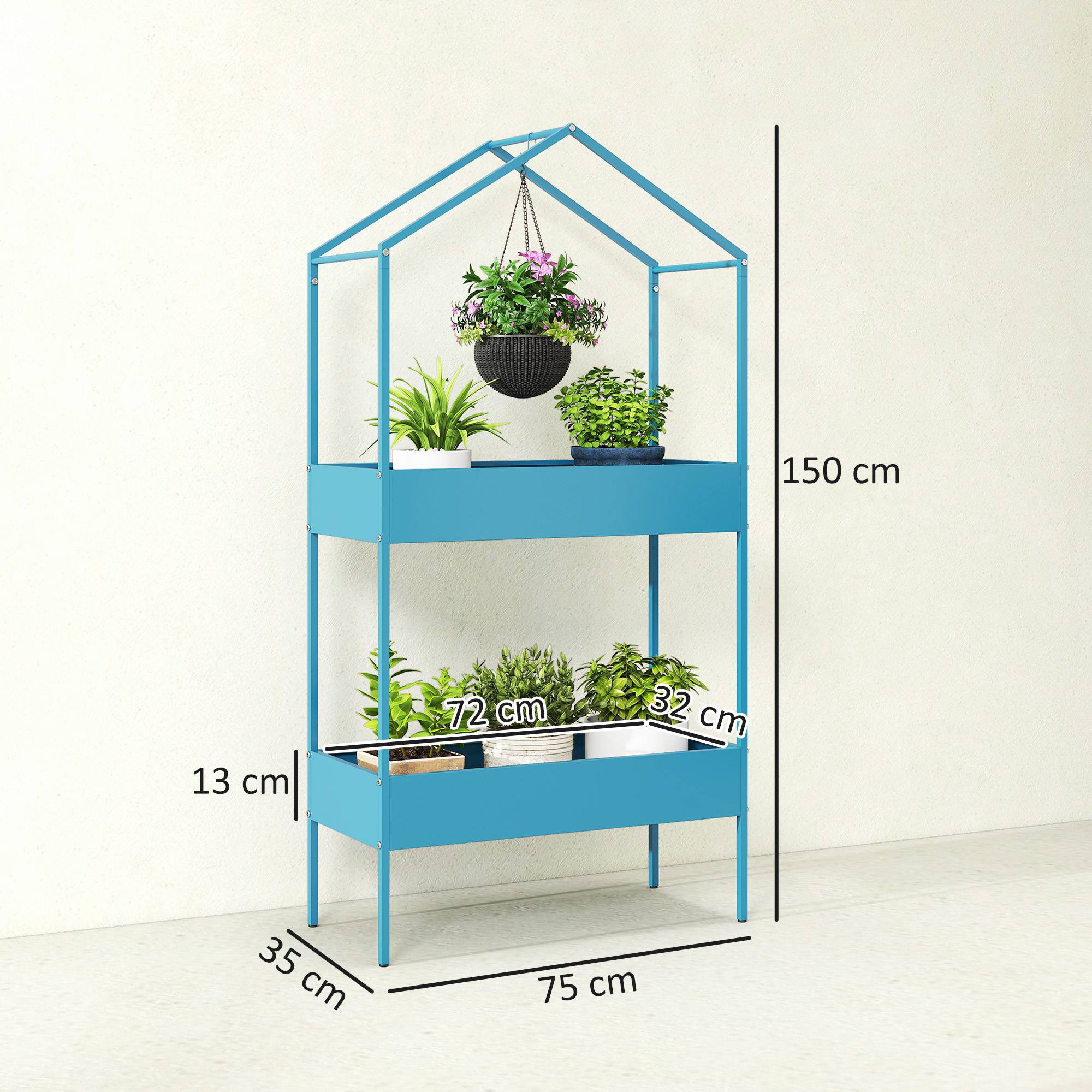 Sans Marque - Étagère à Plantes 2 Niveaux, Support de Plantes en Métal avec Crochet, Porte-Pots en Forme de Maison, Bleu-Vert - Image 5