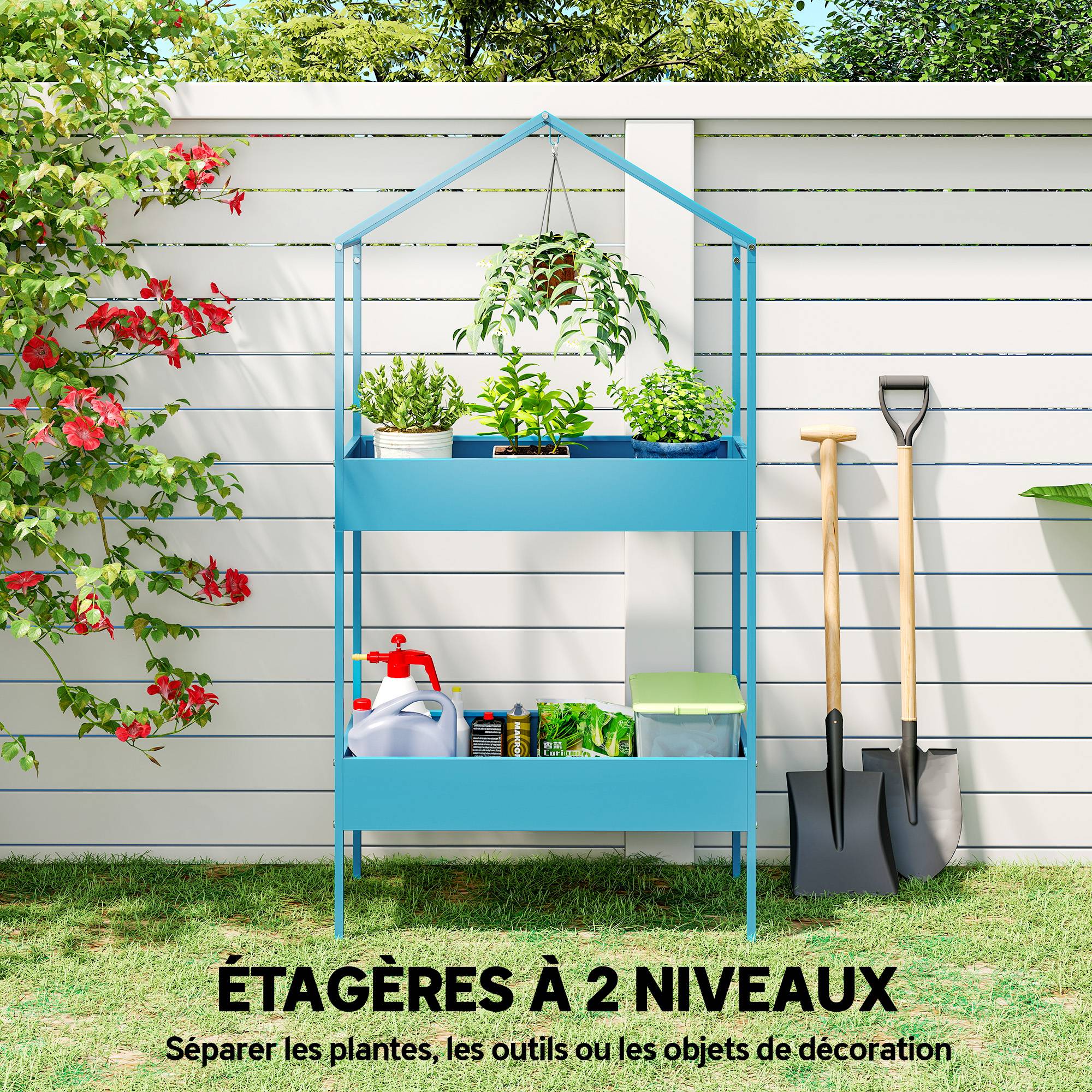 Sans Marque - Étagère à Plantes 2 Niveaux, Support de Plantes en Métal avec Crochet, Porte-Pots en Forme de Maison, Bleu-Vert - Image 7