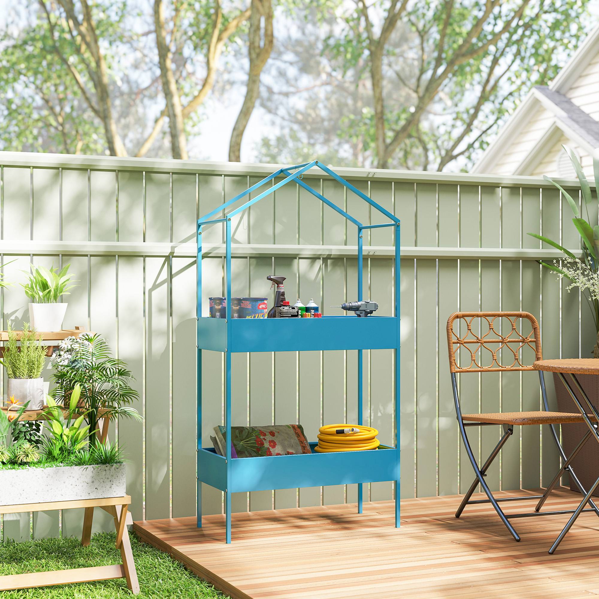 Sans Marque - Étagère à Plantes 2 Niveaux, Support de Plantes en Métal avec Crochet, Porte-Pots en Forme de Maison, Bleu-Vert - Image 10
