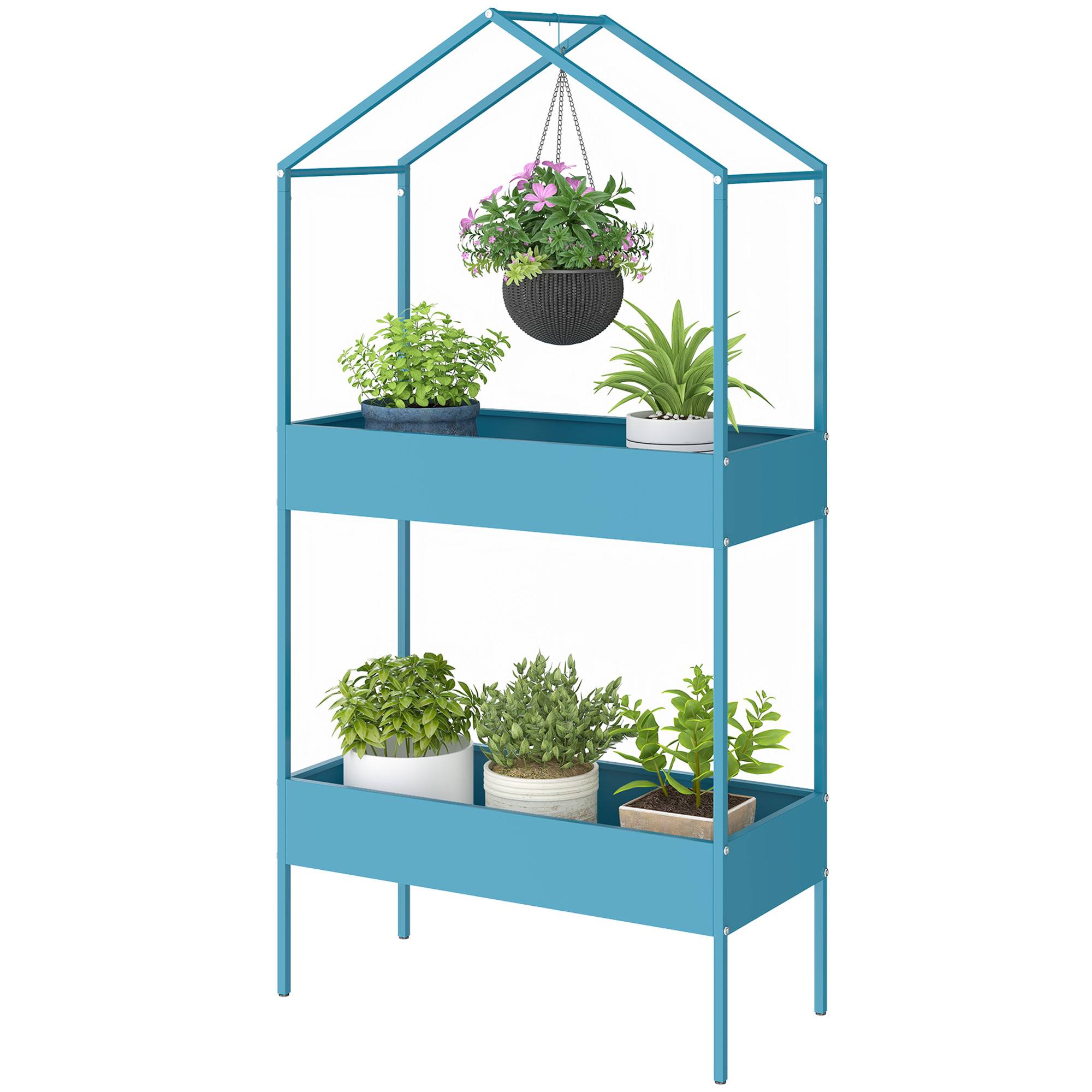 Sans Marque - Étagère à Plantes 2 Niveaux, Support de Plantes en Métal avec Crochet, Porte-Pots en Forme de Maison, Bleu-Vert - Image 2