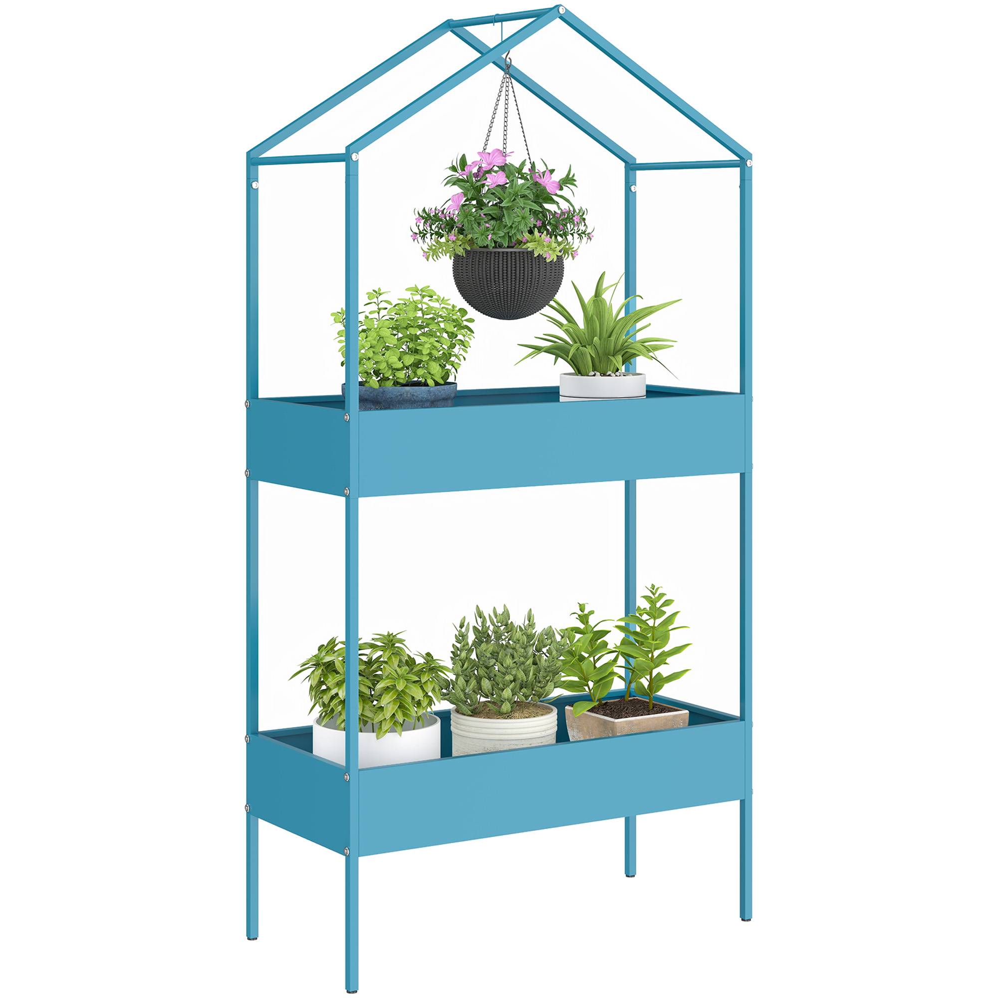 Sans Marque - Étagère à Plantes 2 Niveaux, Support de Plantes en Métal avec Crochet, Porte-Pots en Forme de Maison, Bleu-Vert - Image 1
