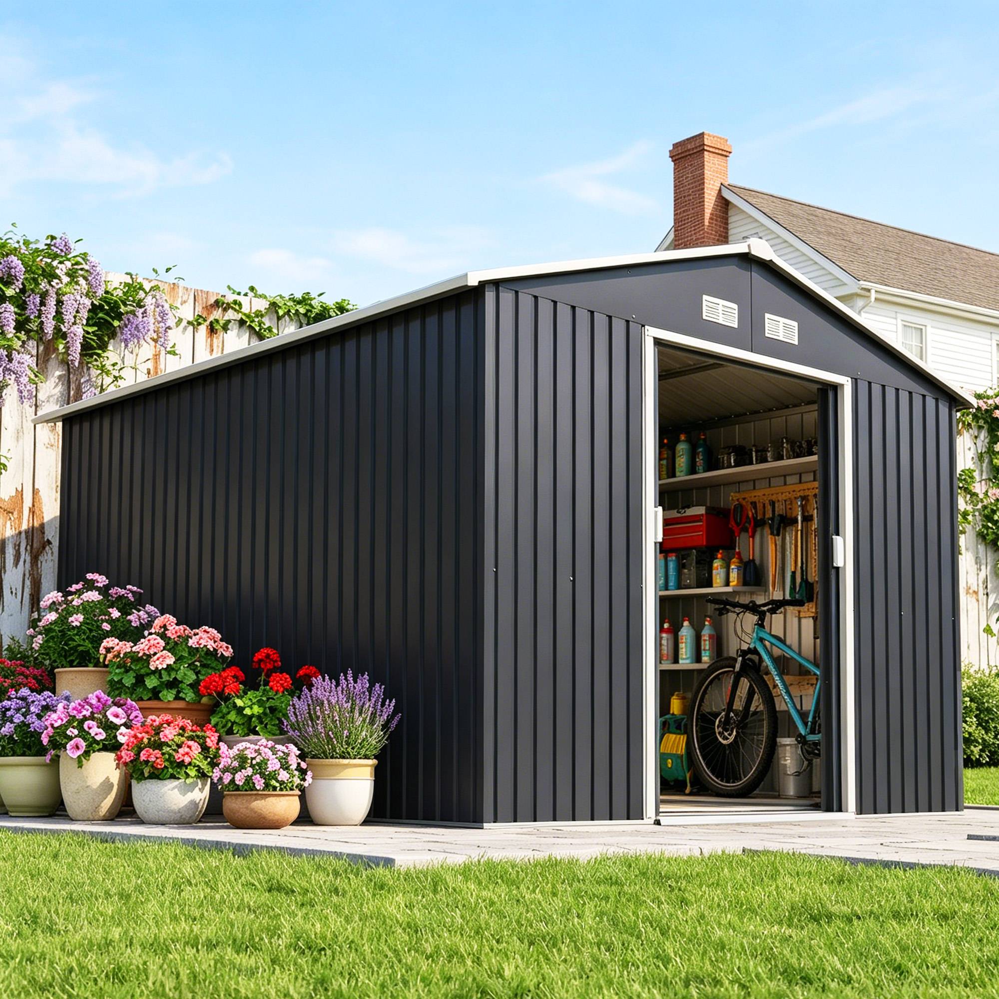 Abri de jardin 8,3 m² 277 x 322 x 192 cm avec 2 portes coulissantes, base renforcée (plancher non inclus), gris - Image 4