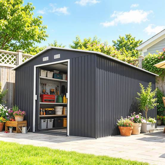 Abri de jardin 8,3 m² 277 x 322 x 192 cm avec 2 portes coulissantes, base renforcée (plancher non inclus), gris - Image 10
