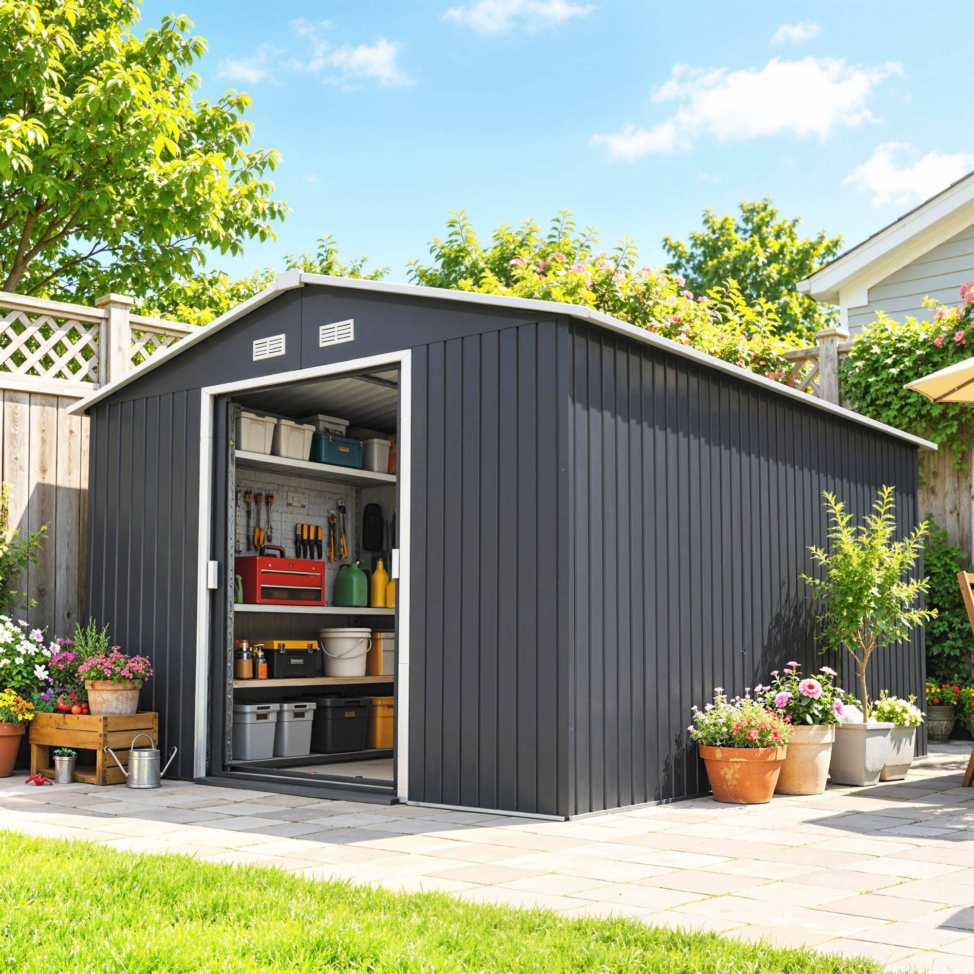 Abri de jardin 8,3 m² 277 x 322 x 192 cm avec 2 portes coulissantes, base renforcée (plancher non inclus), gris - Image 10