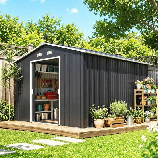 Abri de jardin 8,3 m² 277 x 322 x 192 cm avec 2 portes coulissantes, base renforcée (plancher non inclus), gris - Image 3
