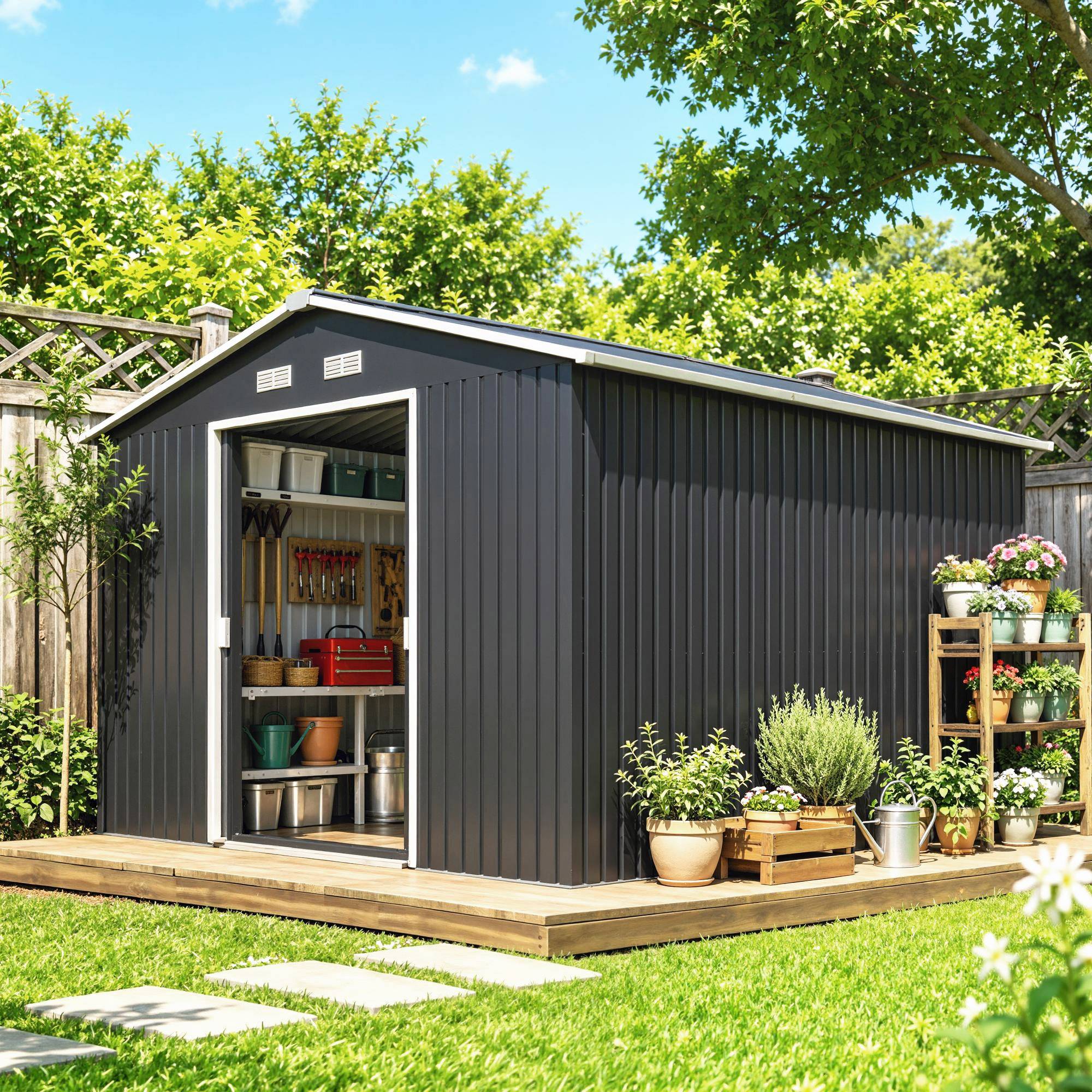 Abri de jardin 8,3 m² 277 x 322 x 192 cm avec 2 portes coulissantes, base renforcée (plancher non inclus), gris - Image 3