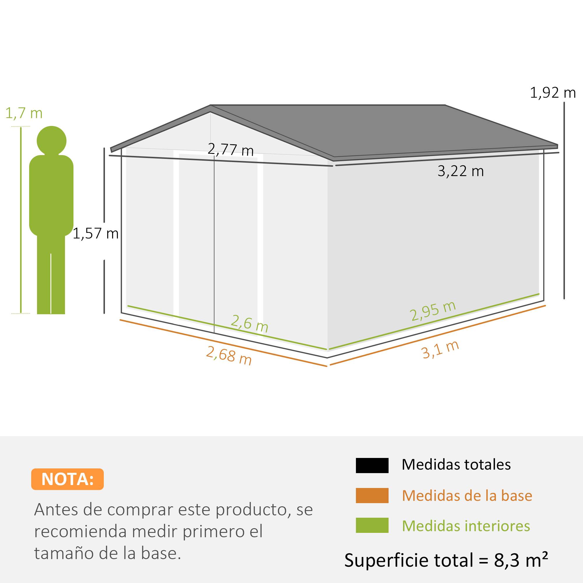 Abri de jardin 8,3 m² 277 x 322 x 192 cm avec 2 portes coulissantes, base renforcée (plancher non inclus), gris - Image 5