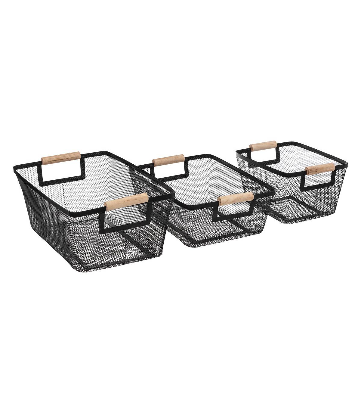 Lot de 3 Paniers de rangement en Métal Noir et Bois de Pin - Image 1