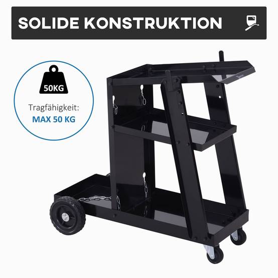 Sans Marque - Chariot de soudage, 3 étagères, chaîne de sécurité, 4 roues, acier, 71 x 39 x 70 cm, noir - Image 8