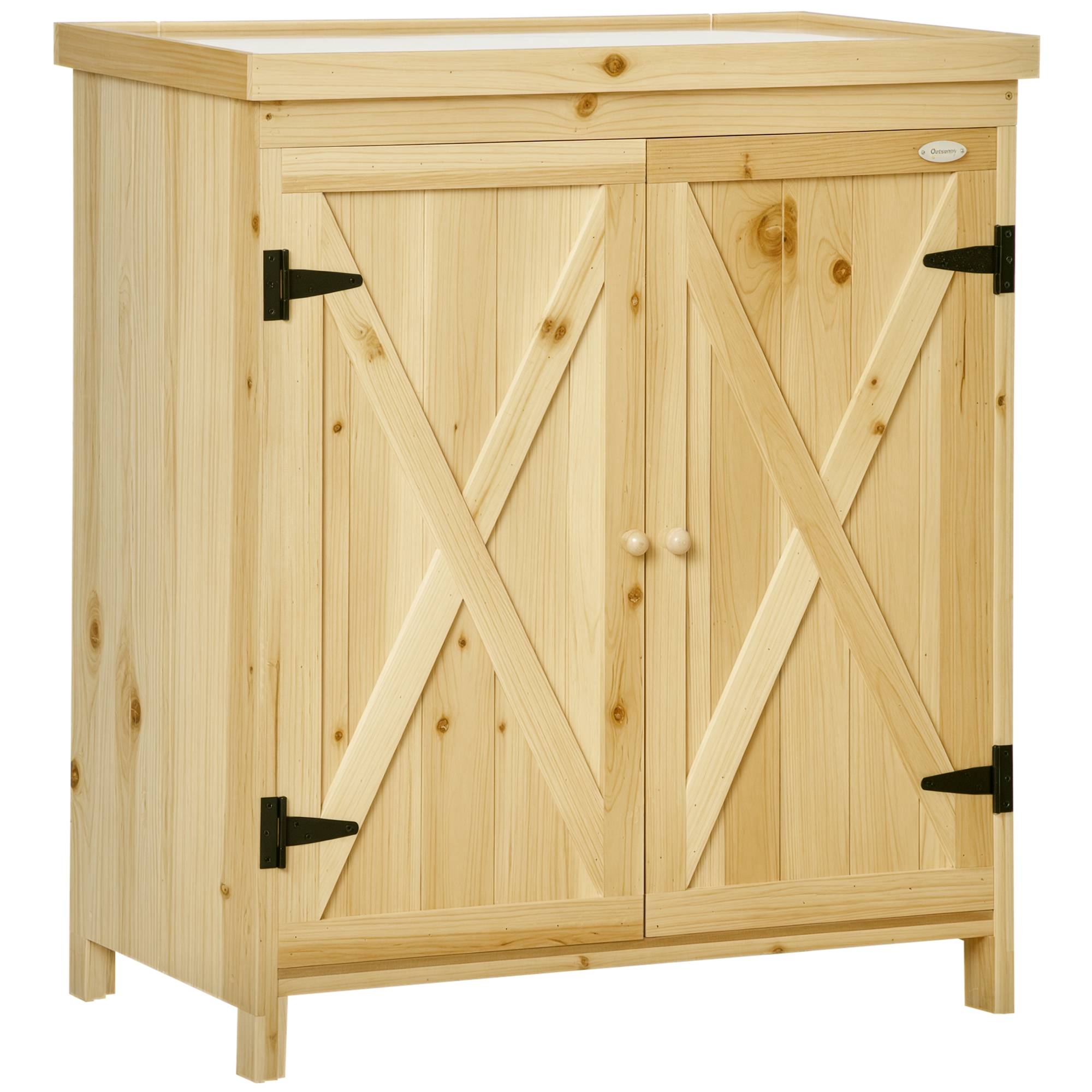 Outsunny - Armoire de jardin de rangement 80x45x92cm avec plateau métal galvanisé étagère double porte poignée pieds surélevés bois massif naturel - Outsunny - Image 1