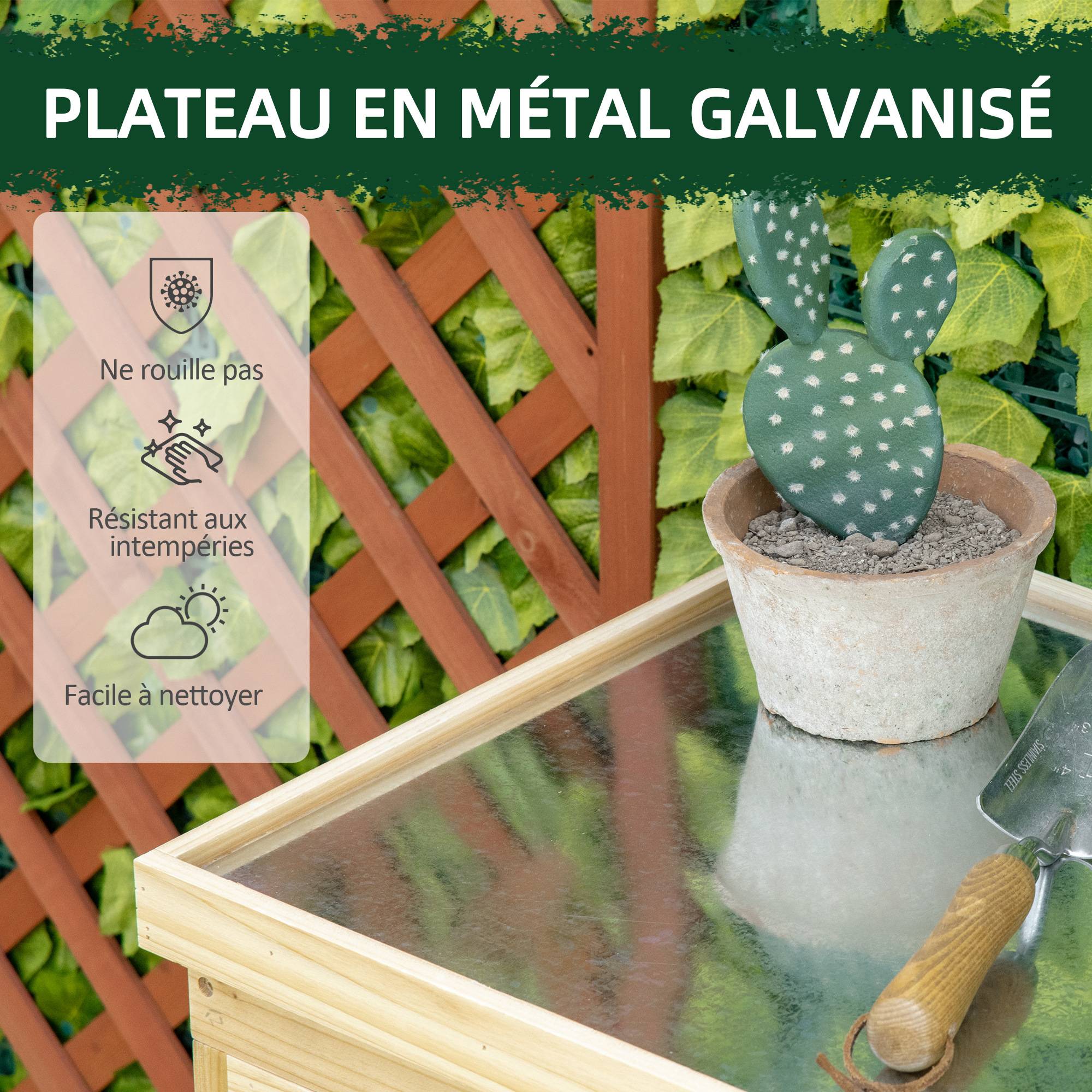 Outsunny - Armoire de jardin de rangement 80x45x92cm avec plateau métal galvanisé étagère double porte poignée pieds surélevés bois massif naturel - Outsunny - Image 5