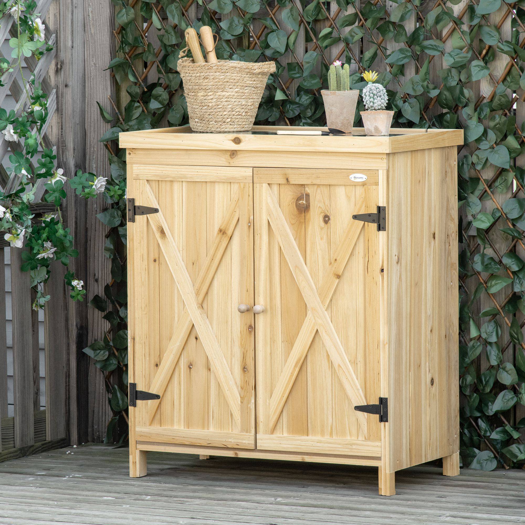 Outsunny - Armoire de jardin de rangement 80x45x92cm avec plateau métal galvanisé étagère double porte poignée pieds surélevés bois massif naturel - Outsunny - Image 2